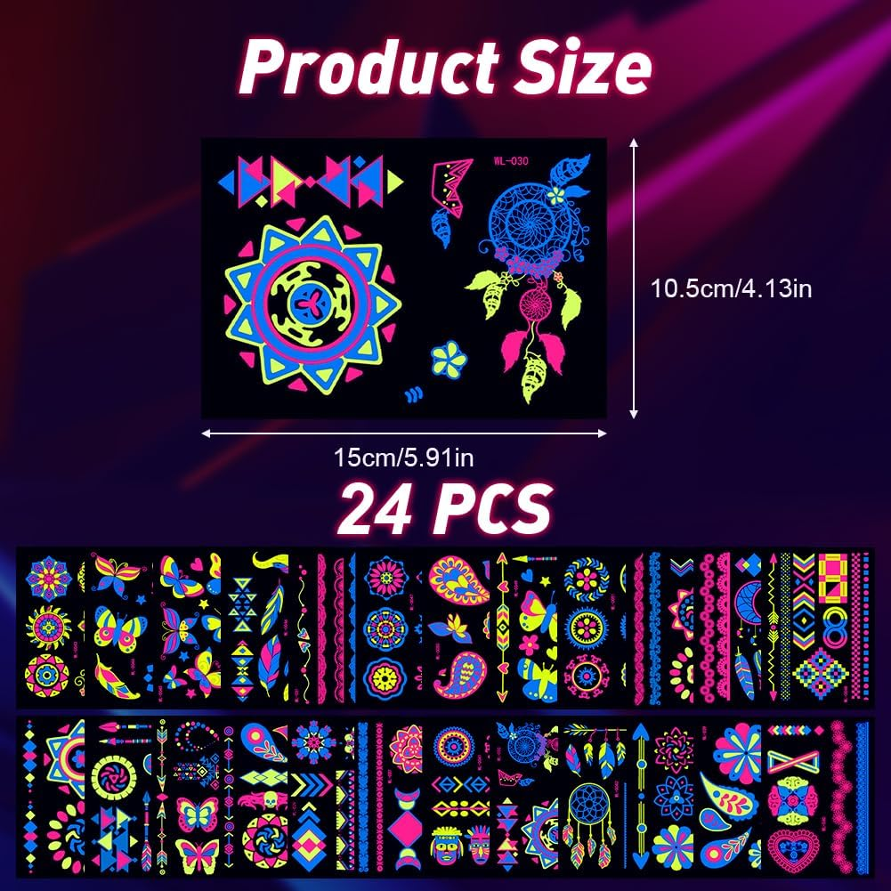 LOPHE Neon Tattoos, 24 Sheets Neon Face Tattoo for Sticking, Waterproof Glitter Tattoo, Black Light Make-Up under UV, Neon Party Accessories, Halloween, Carnival, Festival image number 2
