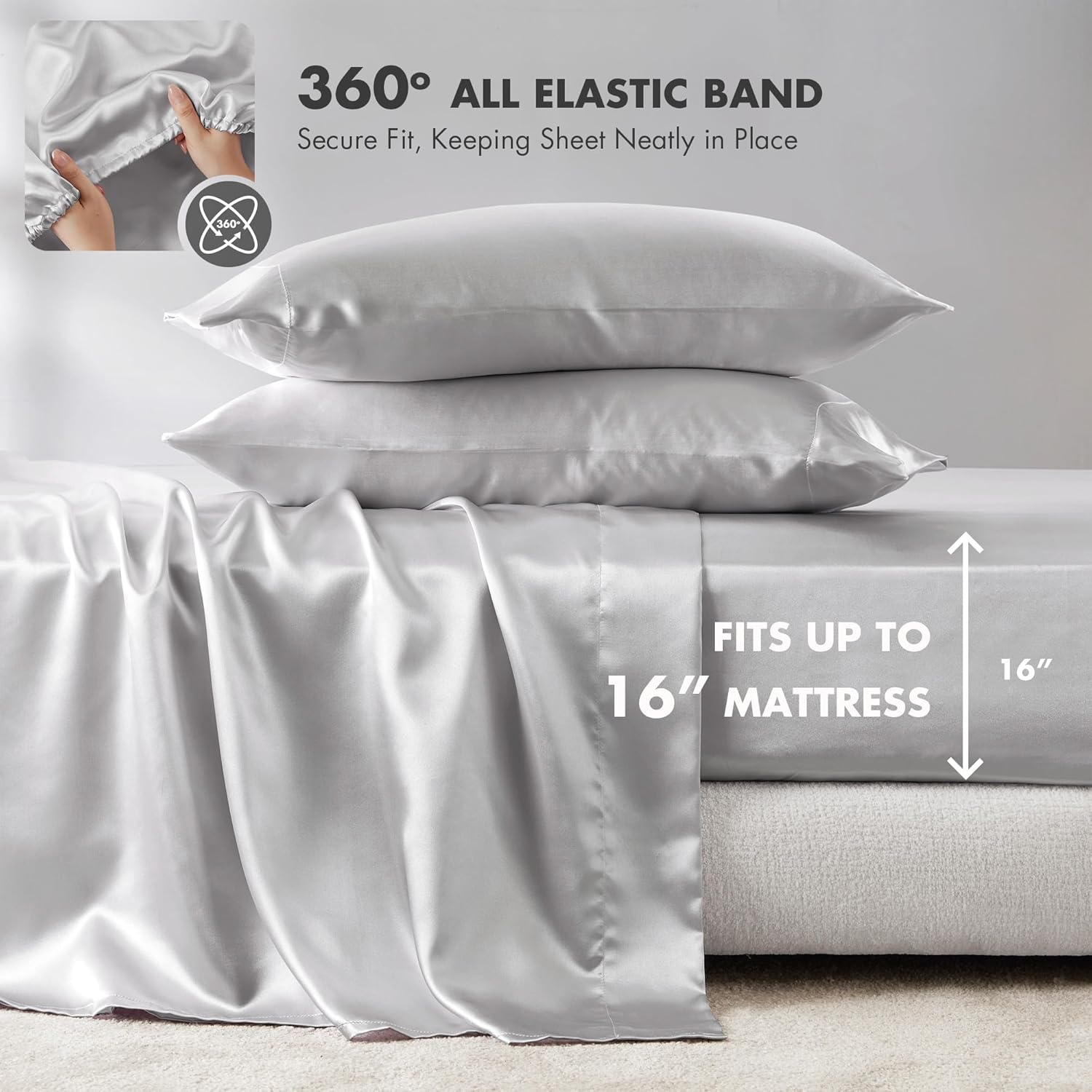Madison Park Essentials Satin Sheet Set Luxury and Silky with Natural Sheen, Elastic 14" Pocket Fits up to 16" Mattress, All around Elastic - Year-Round Bedding, Queen, Light Grey, 6 Piece image number 2