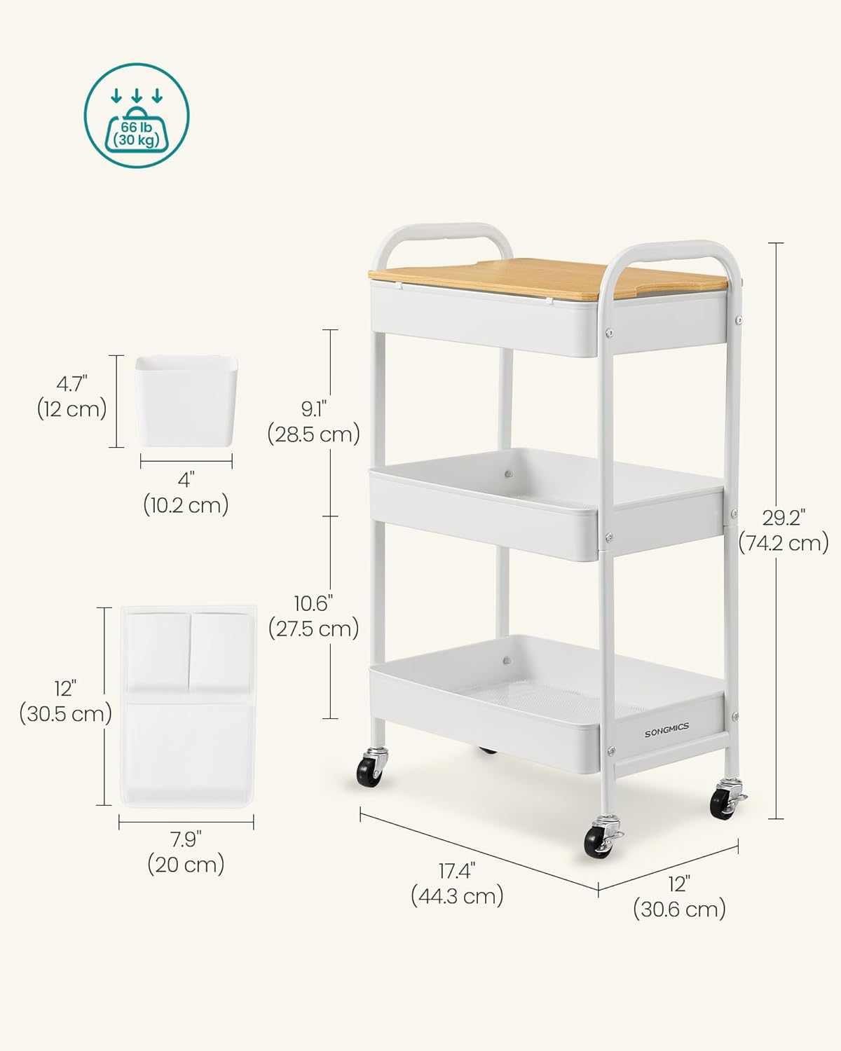 SONGMICS Kitchen Trolley, 3 Metal Mesh Shelves, Serving Trolley, 2 Removable Hanging Containers, 2 Organisers, for Office, Kitchen, Living Room, Bathroom, Cloud White LRC036W01 image number 6