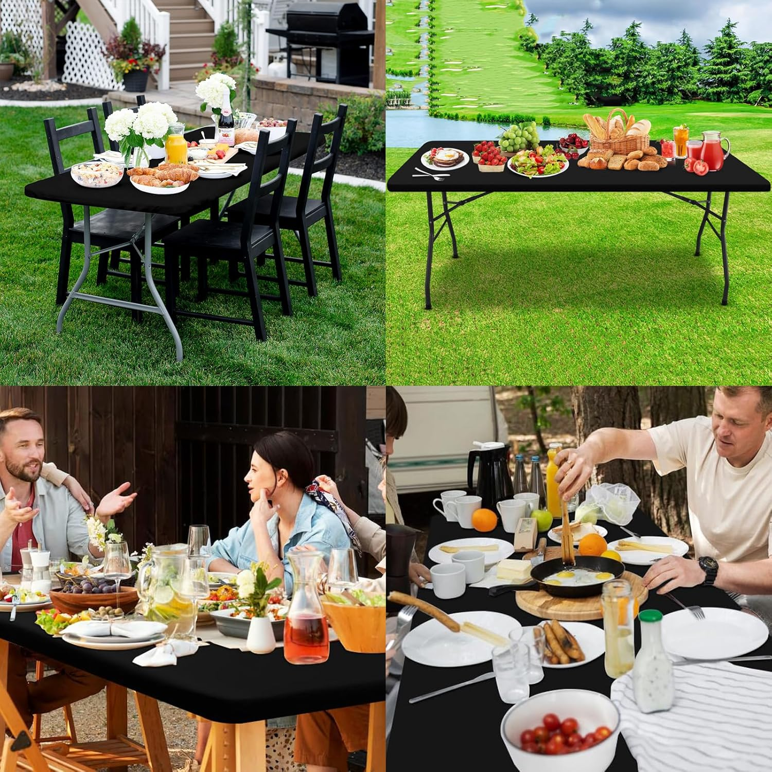 Waterproof Fitted Tablecloth for 6Ft Tables, Rectangle Picnic Table Cloth, Washable Table Cover for Camping, Indoor and Outdoor Use, Black, 30"X72"
