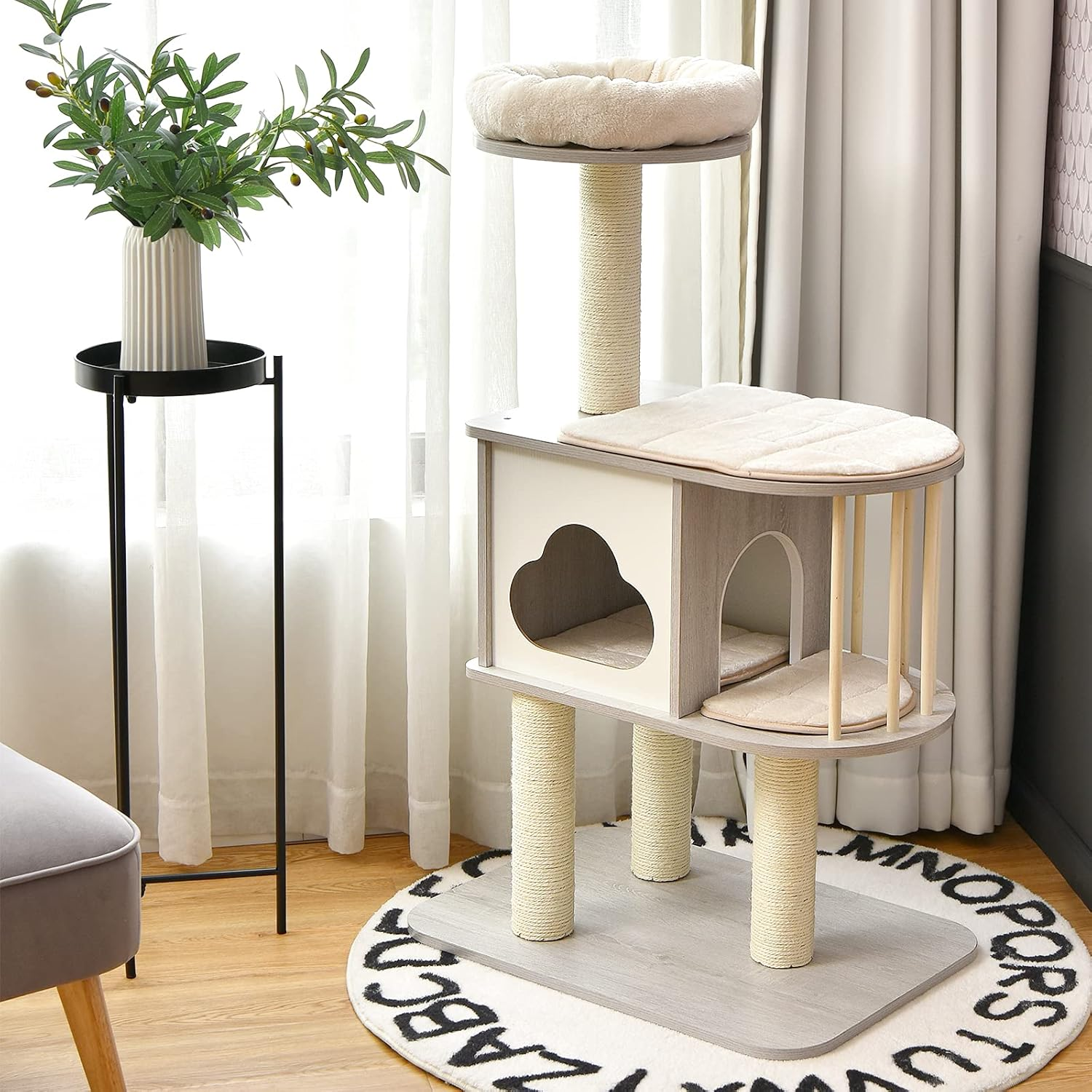 Costway 117 Cm Wooden Cat Tower W/ Scratching Sisal Posts, 4-Tier Cat Tree W/ Condo, Stable Structure, Free Cushion, Platform, Protective Pine Wood Rail, Perch W/ Cat Bed, Small Cat Play House Combo for 1-2 Cats image number 1