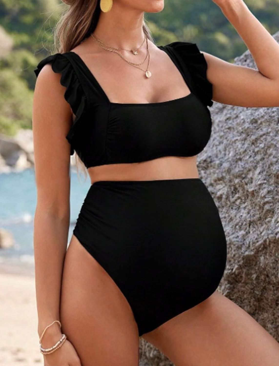 Maternity Swimsuit for Women High Waisted Bikini Set Pregnancy Bathing Suits Two Piece Swimwear image number 4