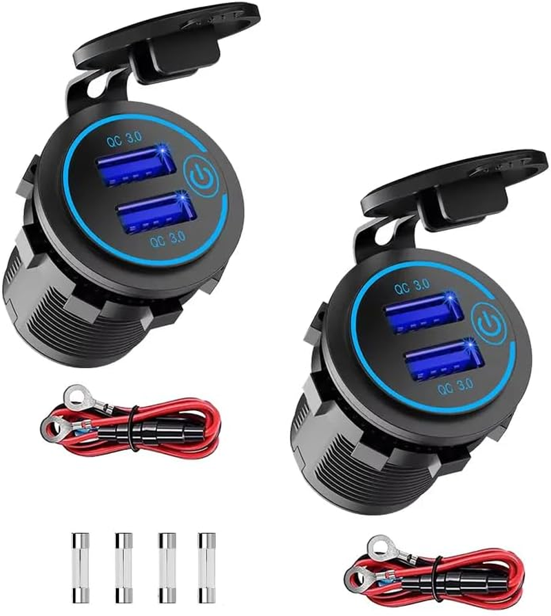 [2 Pack] Quick Charge 3.0 Waterproof Dual USB Charger Socket with Touch Switch, 12V/24V Fast Charging Outlet for Car, RV, Boat, Motorcycle, Truck