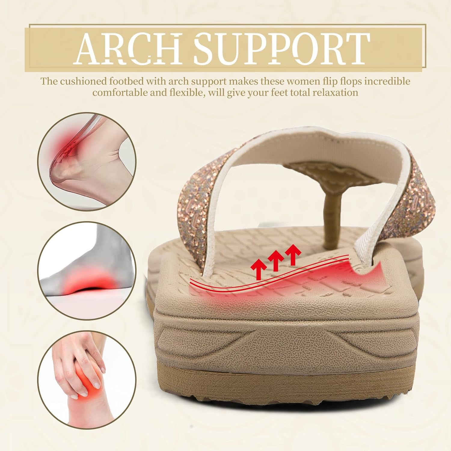 Flip Flops for Women with Arch Support Rhinestone Comfortable Summer Beach Walking Thong Sandals Orthotic Rubber Soles Flip Flop Slippers Slip on Indoor Outdoor image number 4