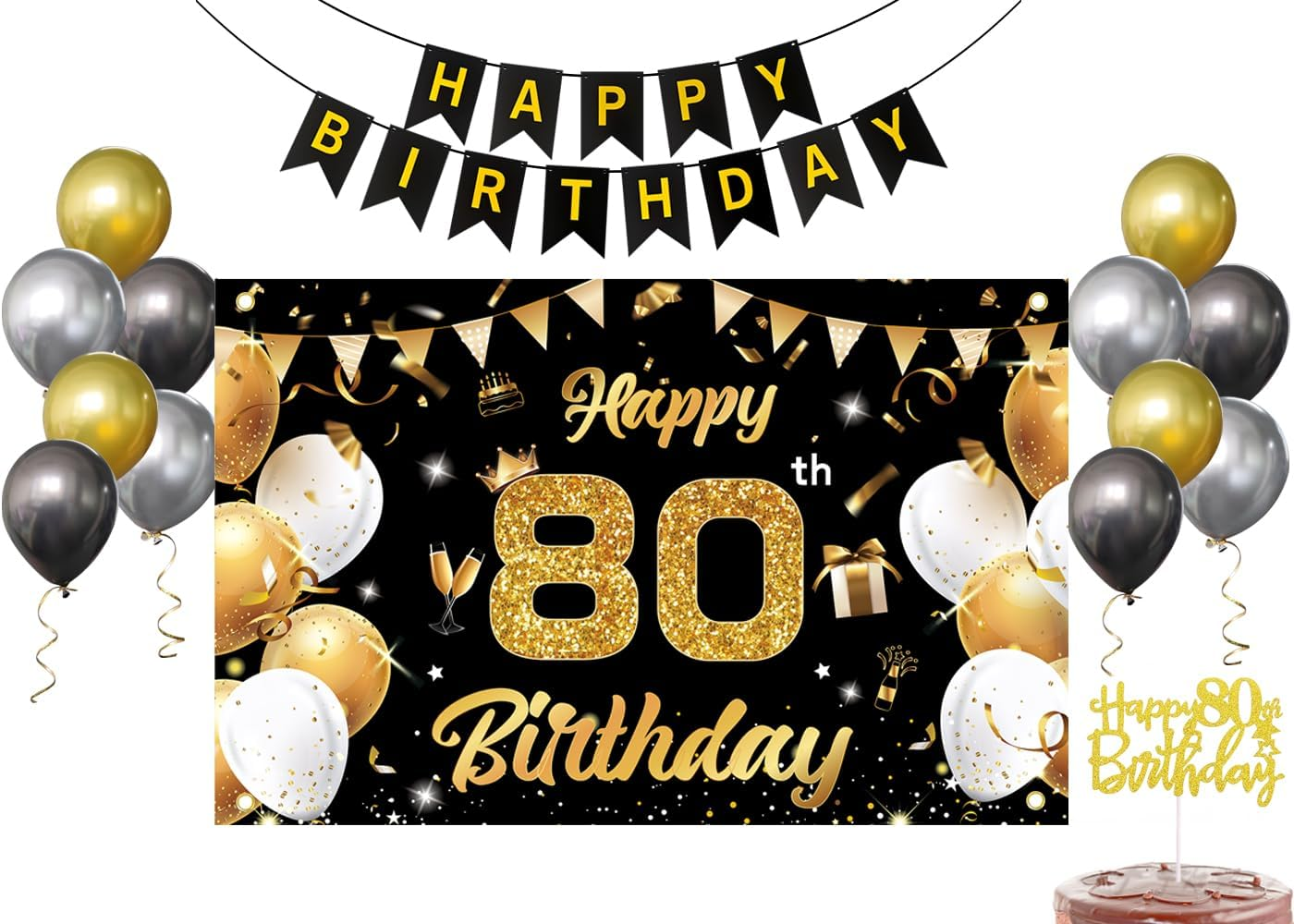 Black Gold Happy 80Th Birthday Banner Backdrop Kit with 12 Balloons,Cake Topper,1.8M X 1.15M Birthday Decorations for Parties,Photography-Premium Birthday Party Supplies for Men Women image number 4