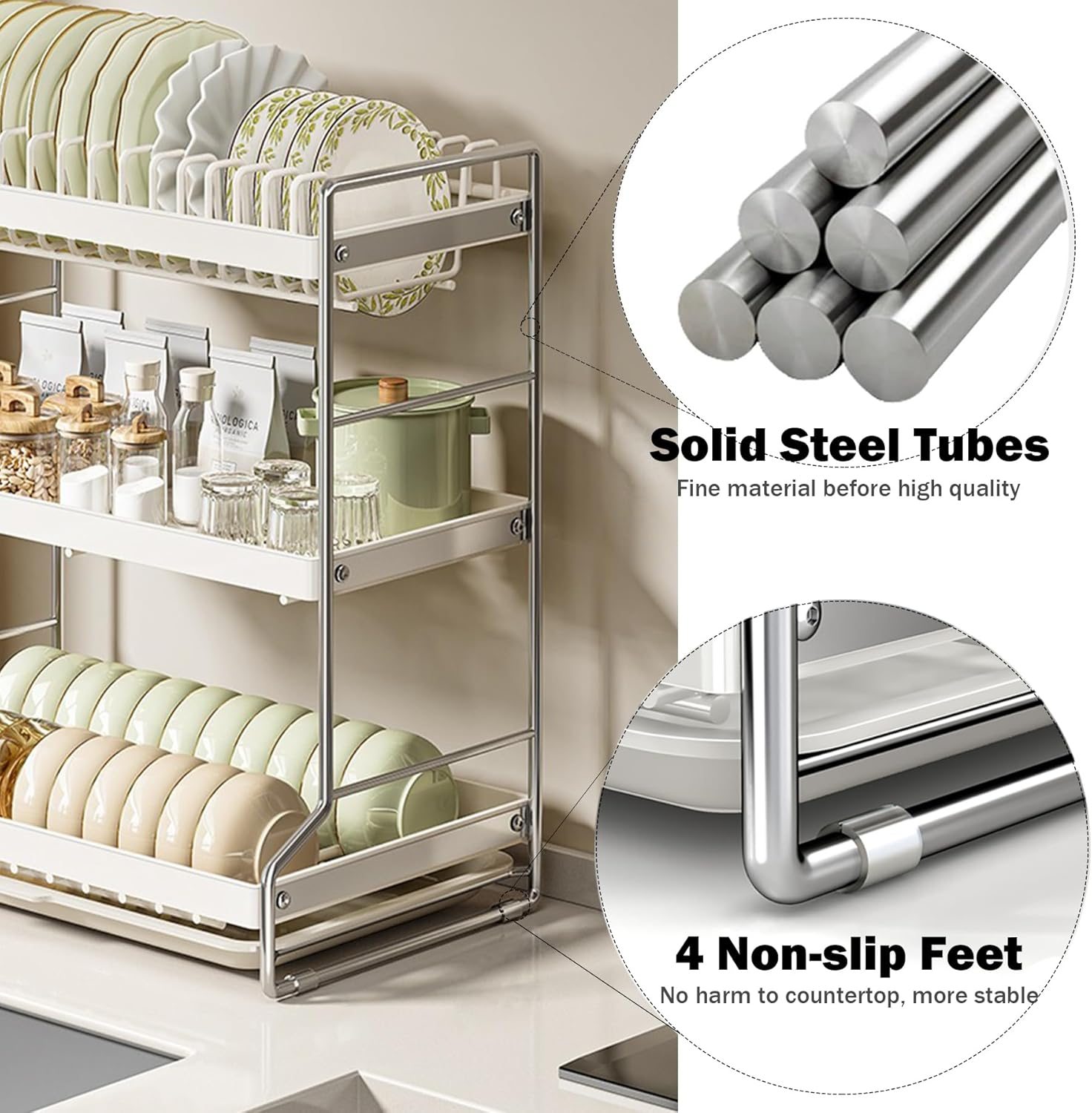 Hoisimdy Dish Drying Rack 3 Tier Kitchen Draining Rack Large Capacity with Cutlery Holder Drip Tray image number 1