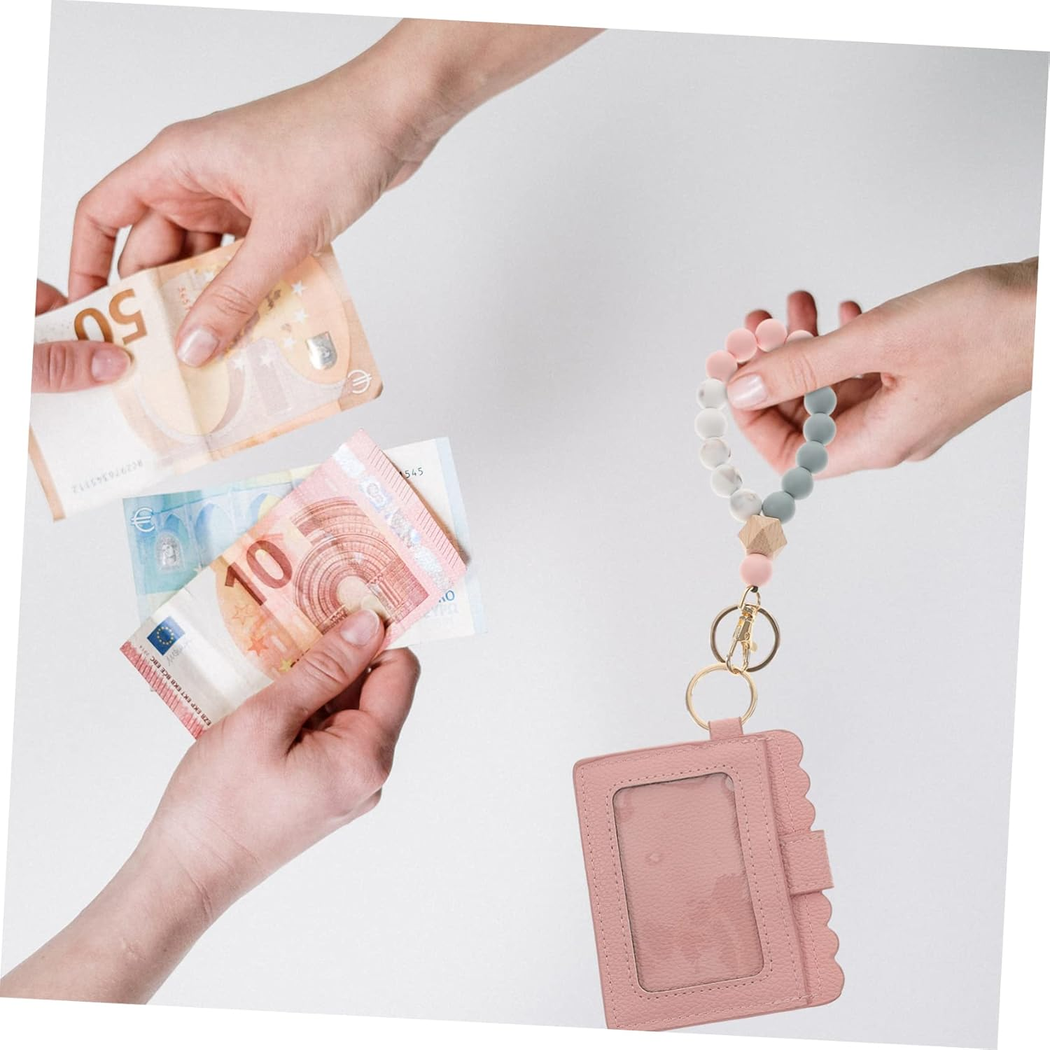 Pink Beaded Bracelet Key Ring Card Pouch Leather Wristlet Coin Pocket Portable Outdoor Keychain for Women image number 5