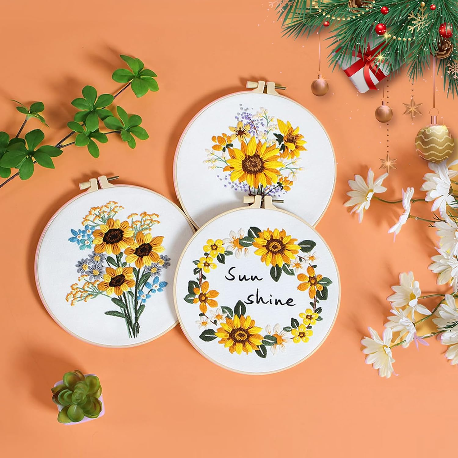 SHIPKEY 4 Sets Embroidery Kit, Beginner Stamped Stitching Kit for Adult, Starter Hand Embroidered Kits with Stamped Patterns | Sunflower image number 5