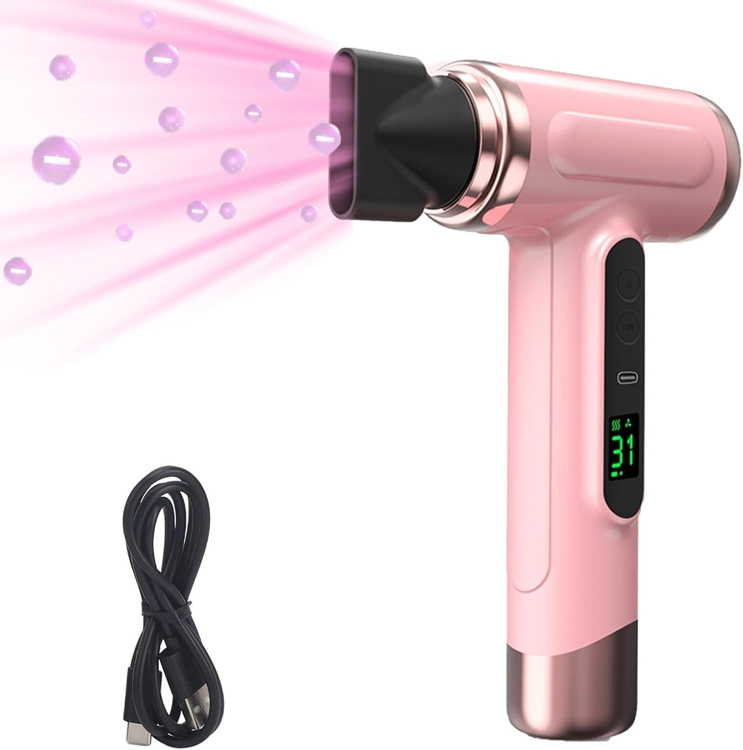 Cordless Travel Hair Dryer Rechargeable, 3 Speeds or 3 Temperatures, Digital Screen Compact, Lightweight, Fast Drying for Women or Men on the Go (Pink)