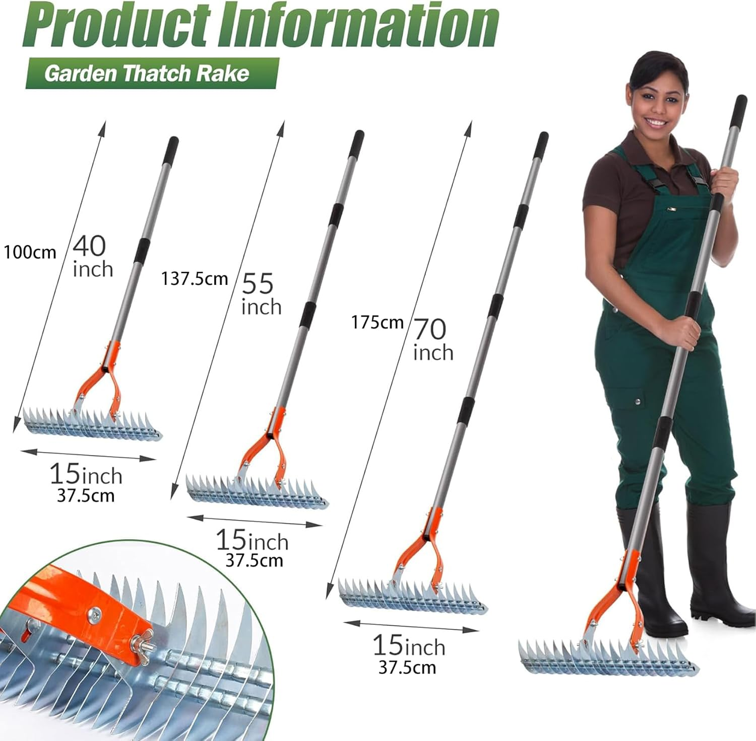 Thatch Yard Rake, Lawn Steel Metal Garden Thatching with Handle, Grooming Dethatcher for Cleaning Dead Grass, 38*178Cm image number 3