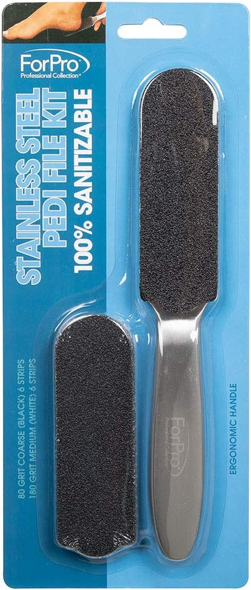 Forpro Professional Collection Stainless Steel Pedi File Kit - 100% Sanitizable Pedicure File for Heels and Feet - Includes Six Black 80 Grit and Six White 180 Grit Refill Strips- 8.5" L image number 1