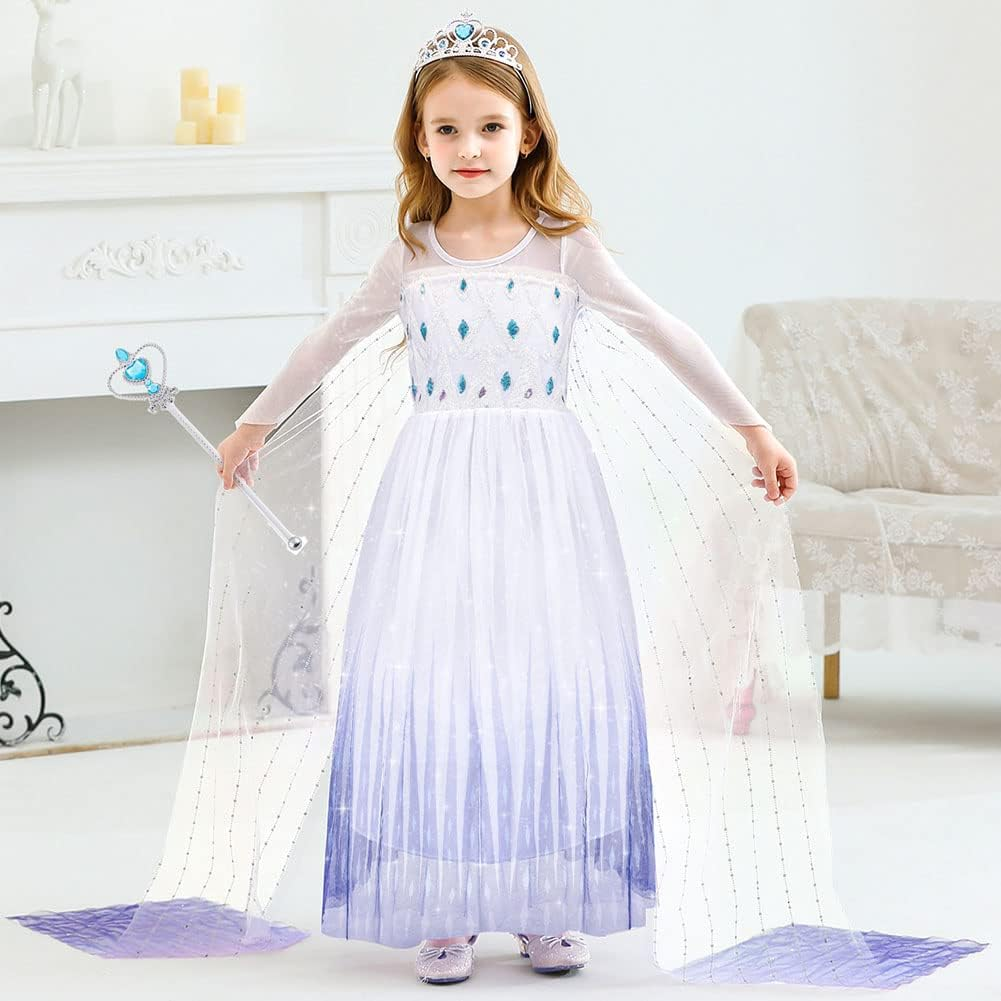 Princess Elsa Dress Costume, Luxury Princess Dress with Shining Long Cape, Snow Party Dress Elsa Princess Costume for Girls Toddler Cosplay Elsa Dress Up image number 4