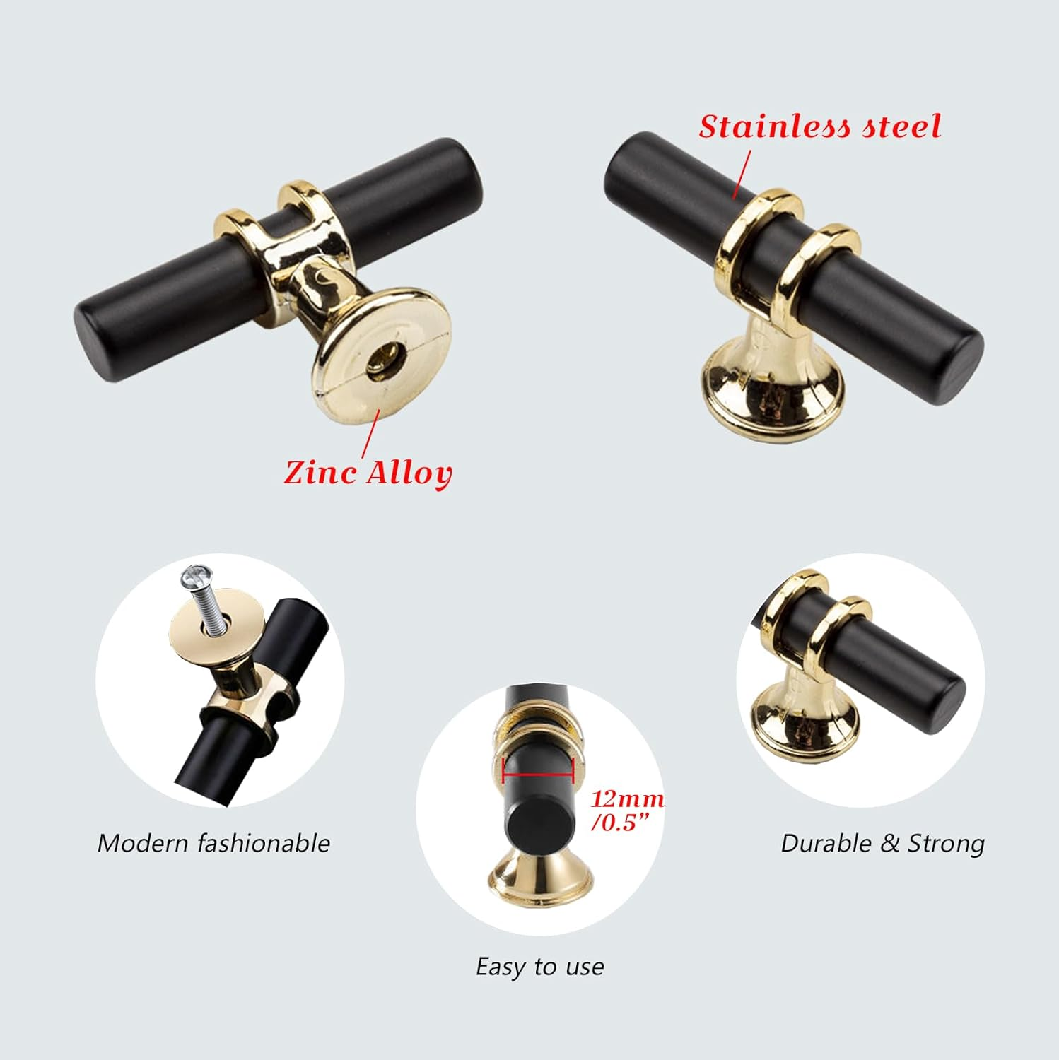 Ymaiss 12 Packs Cabinet Knobs T Bar Kitchen Dresser Knobs Drawer Pull Handles Single Hole Knobs Hardware for Drawer Dresser Cupboard Wardrobe (Black and Gold) image number 1