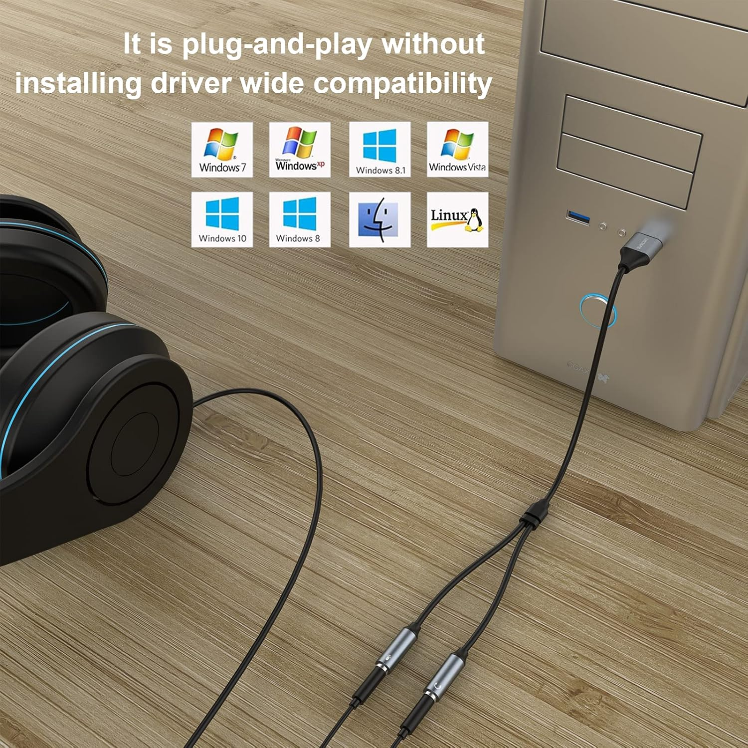 USB Headset Adapter,Andapa USB Audio Adapter Stereo External Sound Card with 3.5Mm Headphone and Microphone Jack for Windows Mac Linux PC Laptops Desktops PS5 image number 5