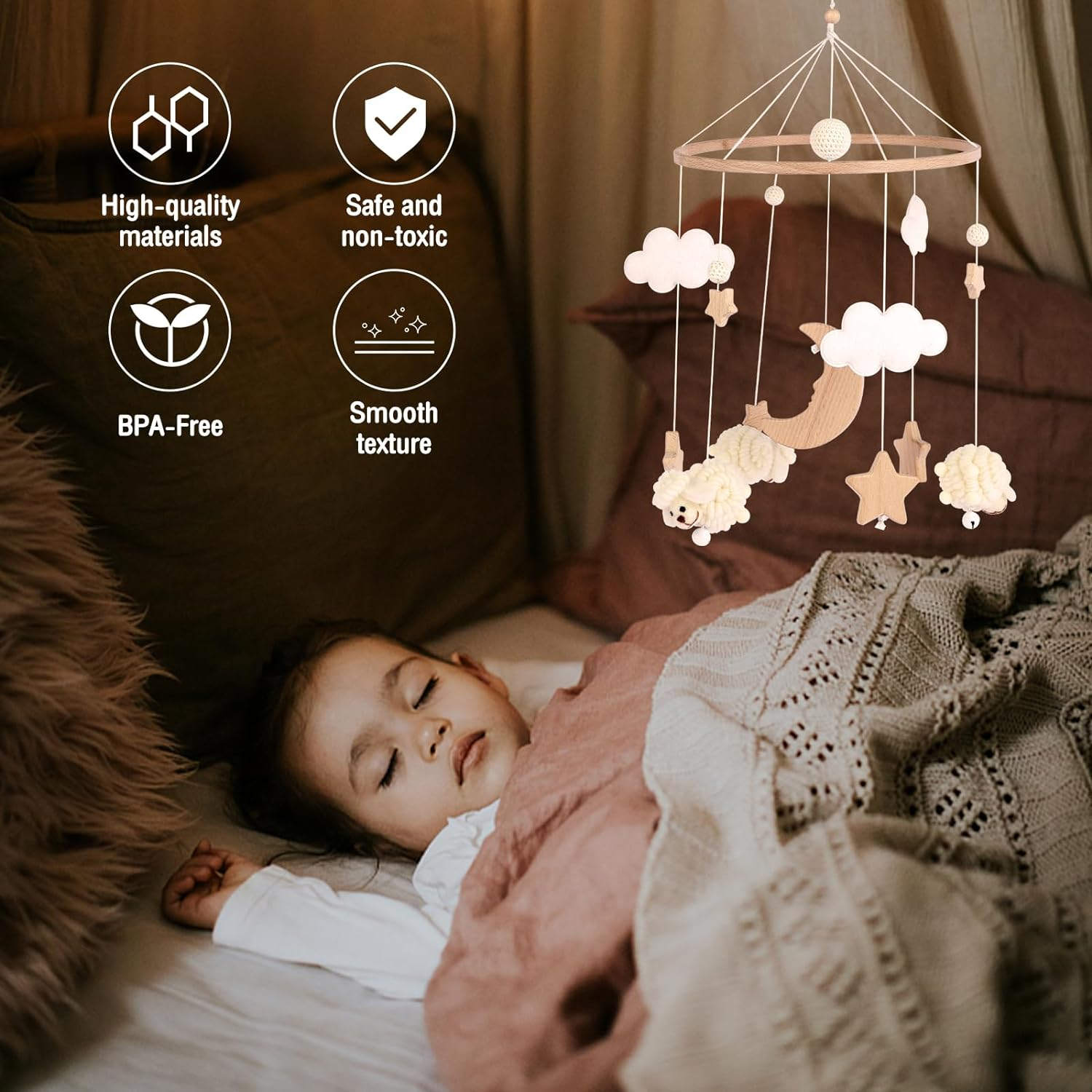 Baby Crib Mobile,0 to 3 Years Old Baby Wooden Baby Nursery Mobile Star Moon Sheep Baby Bed Bell Cute Bedroom Hanging Ornament Baby Crib Nursery Decoration for Boys Girls (B) image number 4