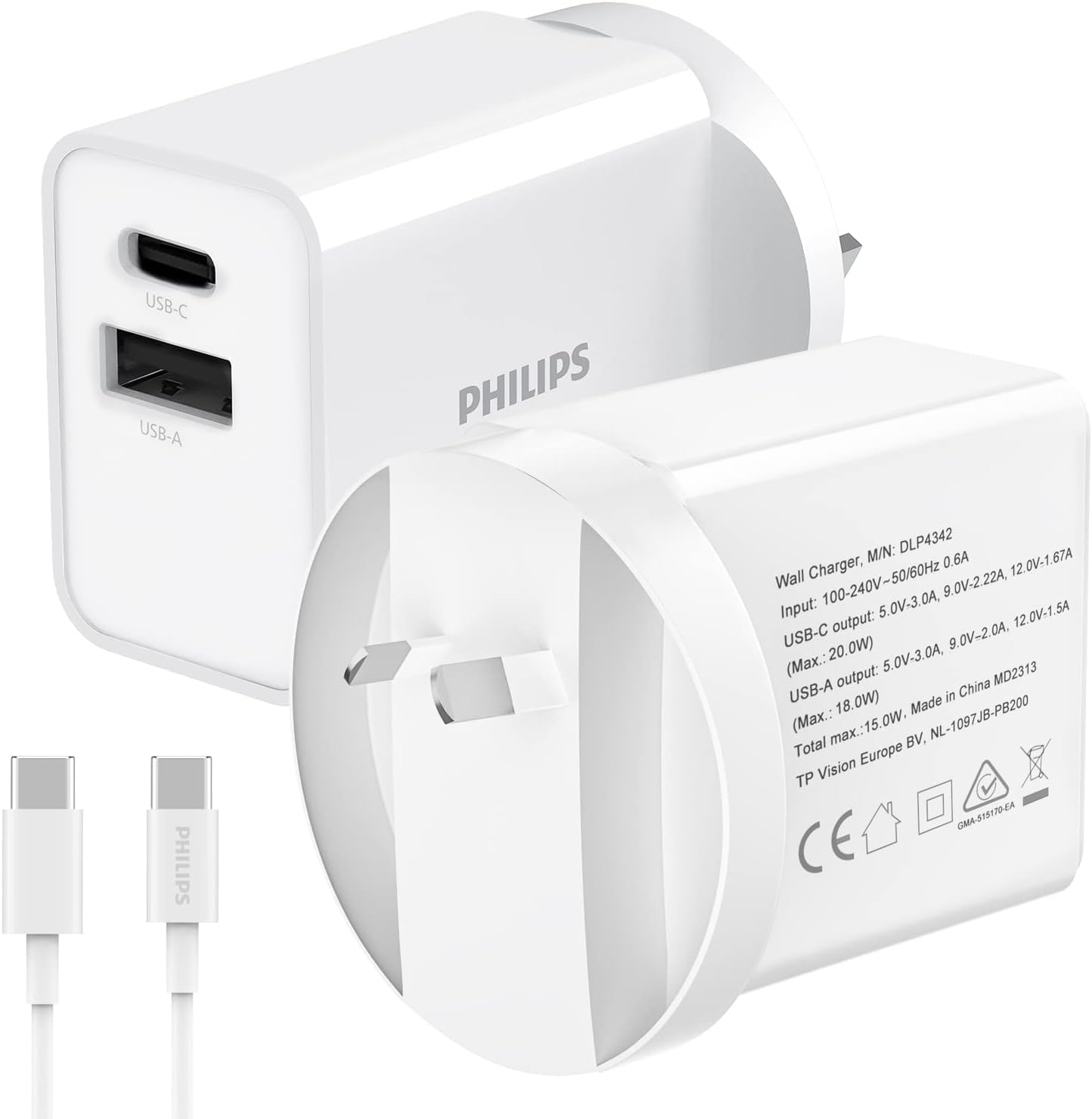 Philips USB a + USB C Wall Charger Adapter Plug 20W Dual Port Fast Charging |Safety | SAA Approved| Australia Standard| Compatible with Iphone 16/15/14/13/Pro/Pro Max| Ipad (White, 20W with C Cable)