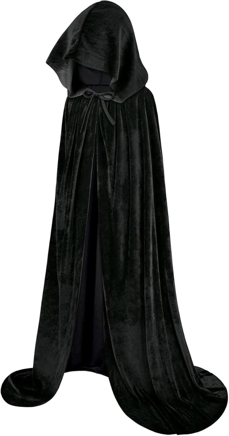 Halloween Velvet Hooded Cloak for Women & Men - Witch Vampire Wizard Cape Costume with Long Hooded Cape - Halloween Cosplay, Renaissance Fair, Medieval Gothic Robe (Black) image number 2