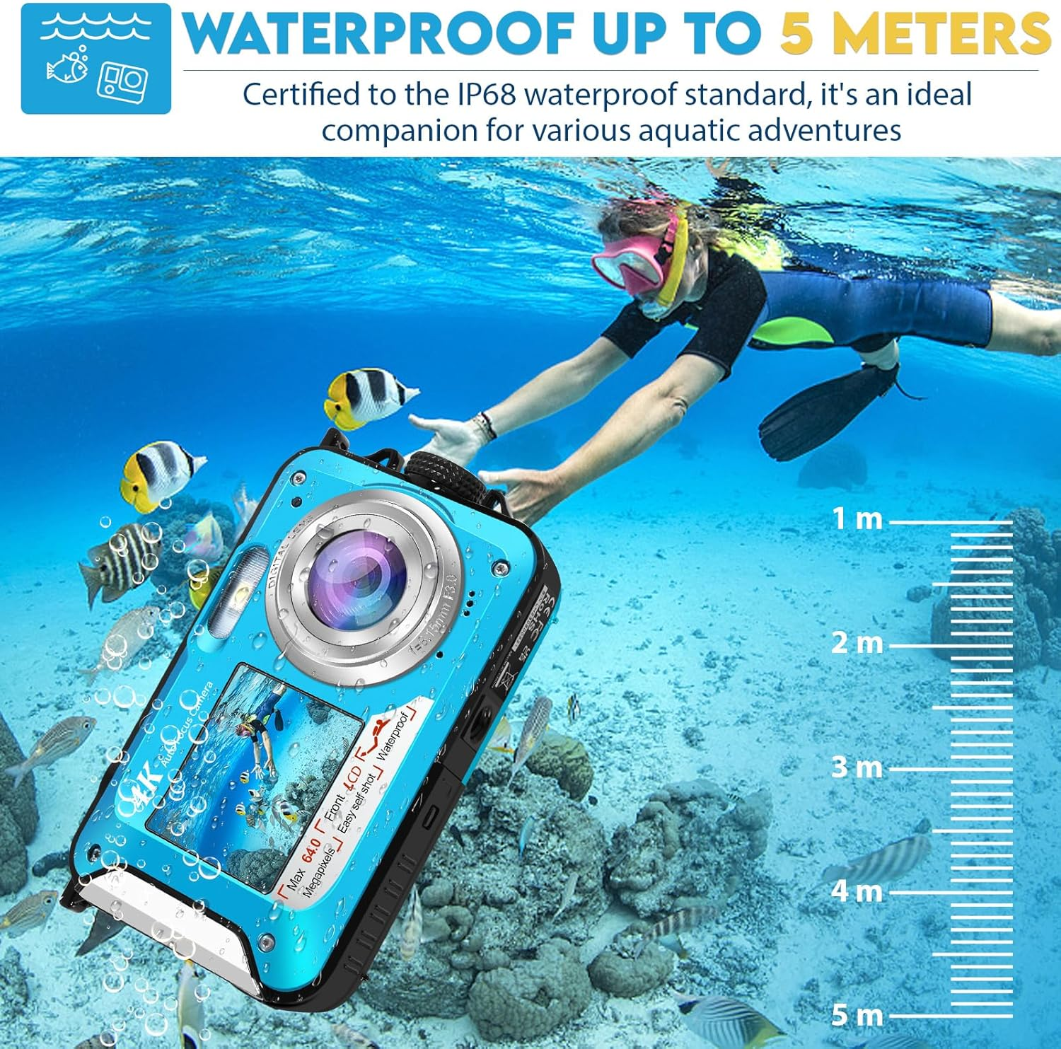 64MP Underwater Camera with 64GB Memory Card, 4K Waterproof Camera with Autofocus and Selfie Dual Screens, 5 Meter Waterproof Digital Camera, Kids Underwater Camera for Snorkeling (2 Batteries)