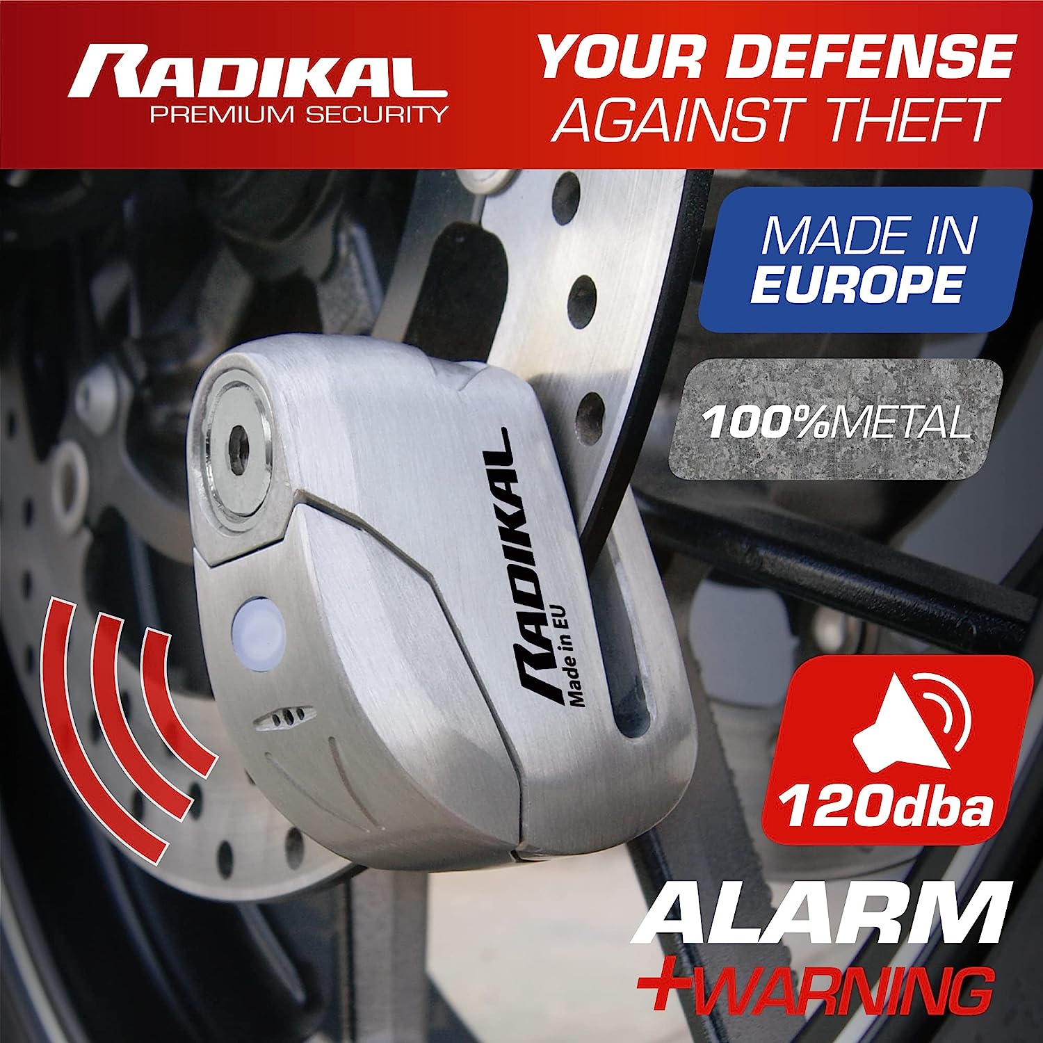 RADIKAL RK9Z Disc Lock Alarm 120 Db, on Button, Warning Fonction, Long Lasting Battery, 100% Waterproof, Metal, Universal anti Theft Wheel Brake Lock for Motorcycle, Scooter, Bike, Electric Scooter image number 3