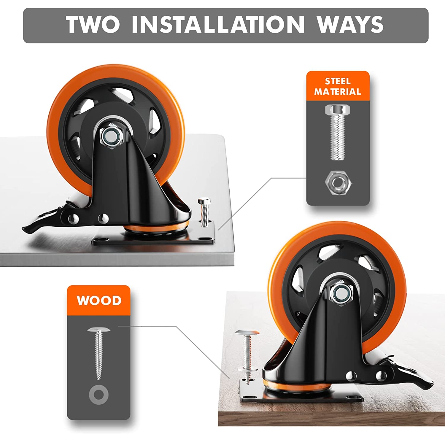 4" Caster Wheels, Casters Set of 4, Heavy Duty Casters with Brake, 2200 Lbs, Locking Industrial Swivel Top Plate Casters Wheels for Furniture and Workbench Cart(Free 2 Types of Hardware Kits) image number 5