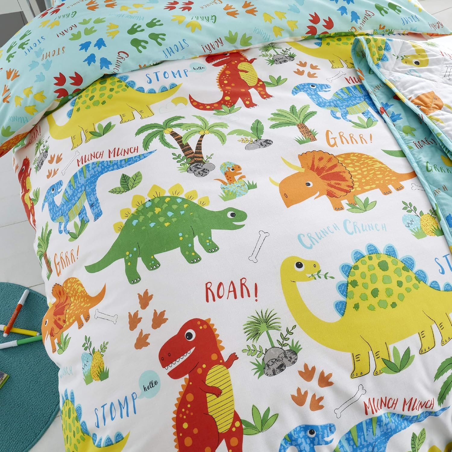 Happy Linen Company Girls Boys Kids Cute Dinky Dinosaurs Double Reversible Duvet Cover Bedding Set image number 4