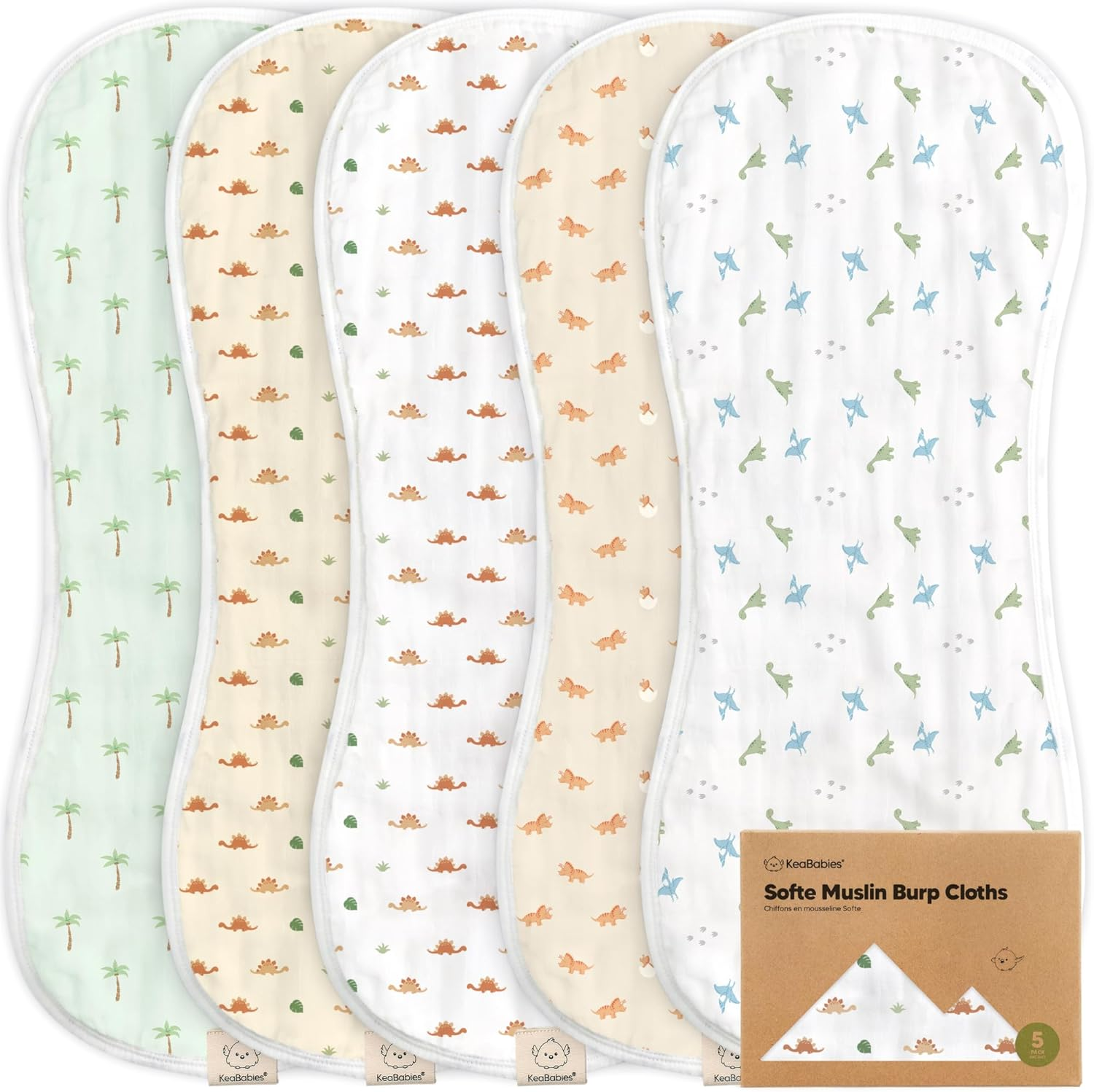 5-Pack Muslin Burp Cloths Baby Boy, Girl - Very Absorbent Baby Burp Cloth Rags, 8-Layers Viscose Derived from Bamboo Cotton Muslin Towel, Super Soft Spit up Rags, No Shrink Washcloths (Beach Day)