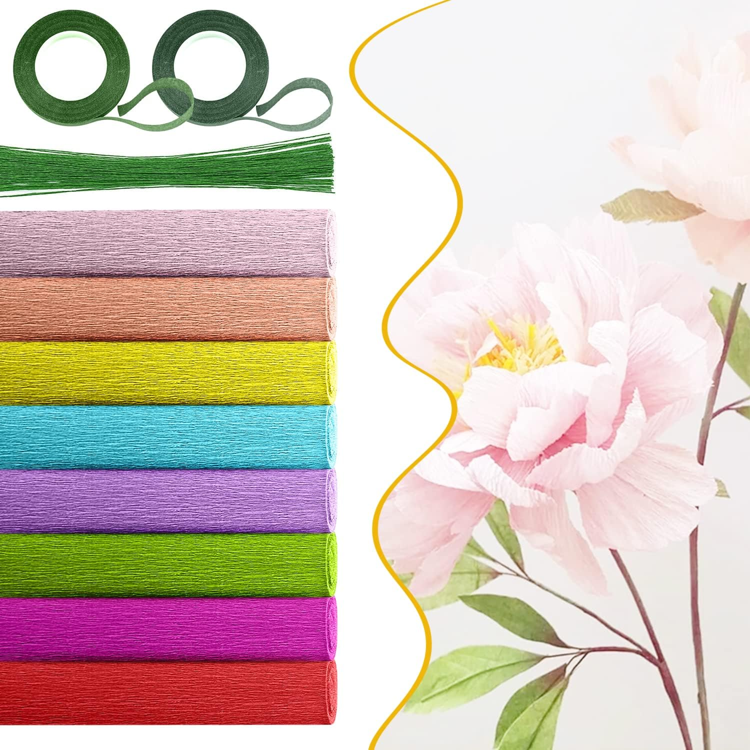 Crepe Paper 8 Rolls Wide Crepe Paper Streamers 10 Inch X 8 Feet Artificial Floral Arrangements DIY Flower Making Kits Green Floral Tape and Wire for Wedding Festival Party Decorations Craft Supplies - 6 Rolls Green Series image number 5