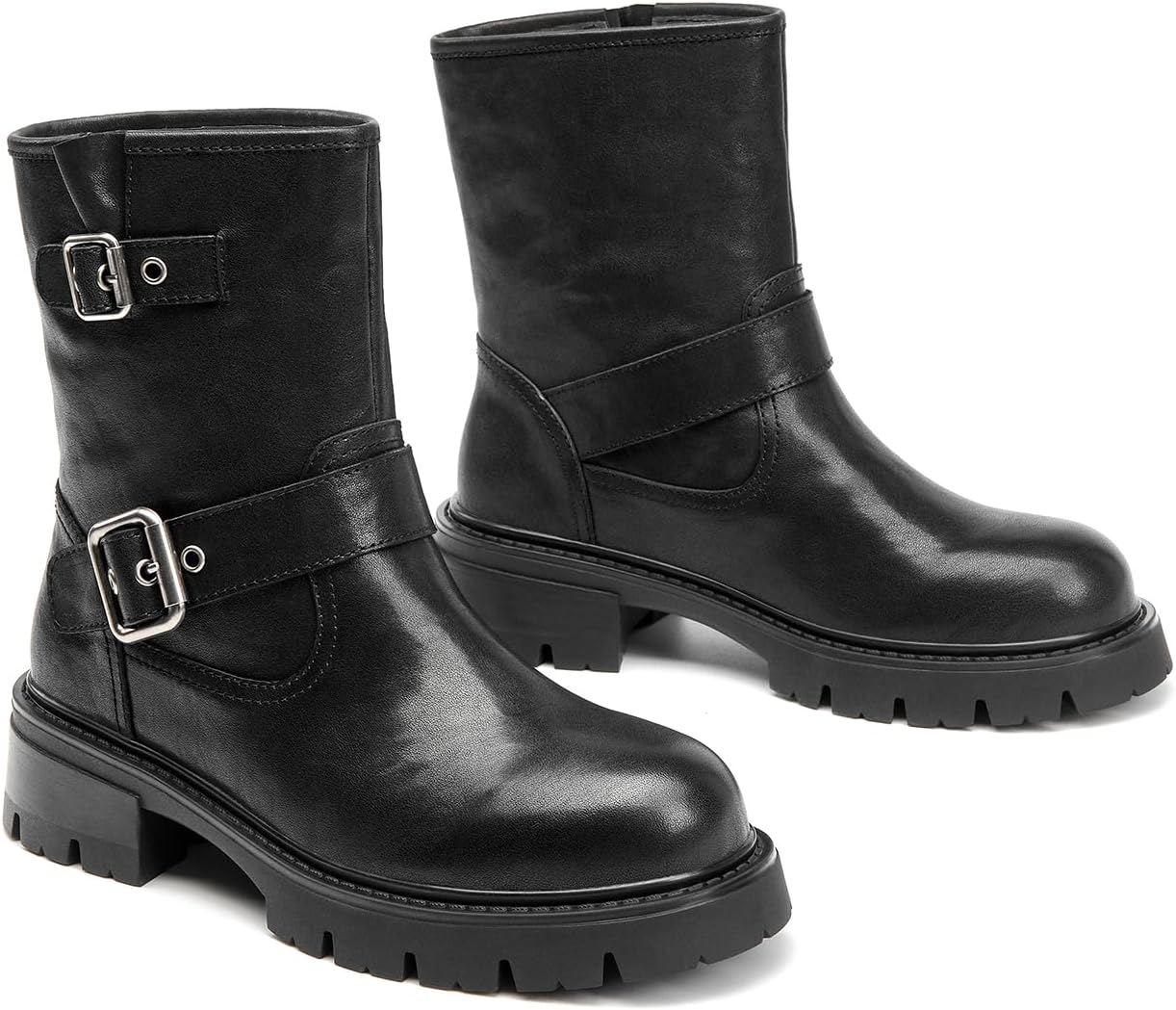 BEAU TODAY Ankle Boots for Women, Genuine Leather Platform Womens Short Boots, Chunky Low Heel Motorcycle Boots with Buckles, Fashion Dress Slip on Bike Booties