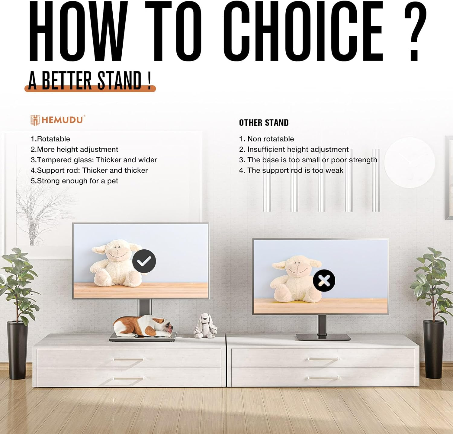 Hemudu Universal Swivel TV Stand/Base Table Top TV Stand with Wall Mount for 27 to 60 Inch 9 Level Height Adjustable, Heavy Duty Tempered Glass Base, Holds up to 88Lbs Screens, HT06B-002&hellip; image number 1