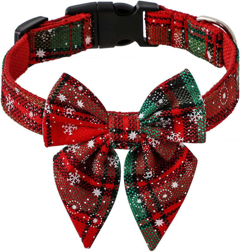 FUNAT Christmas Dog Collar with Bow Tie, Large Dog Pet Collar Dog Bowtie Big Swallowtail Knot, Classic Plaid Dog Christmas Collar with Buckle image number 5