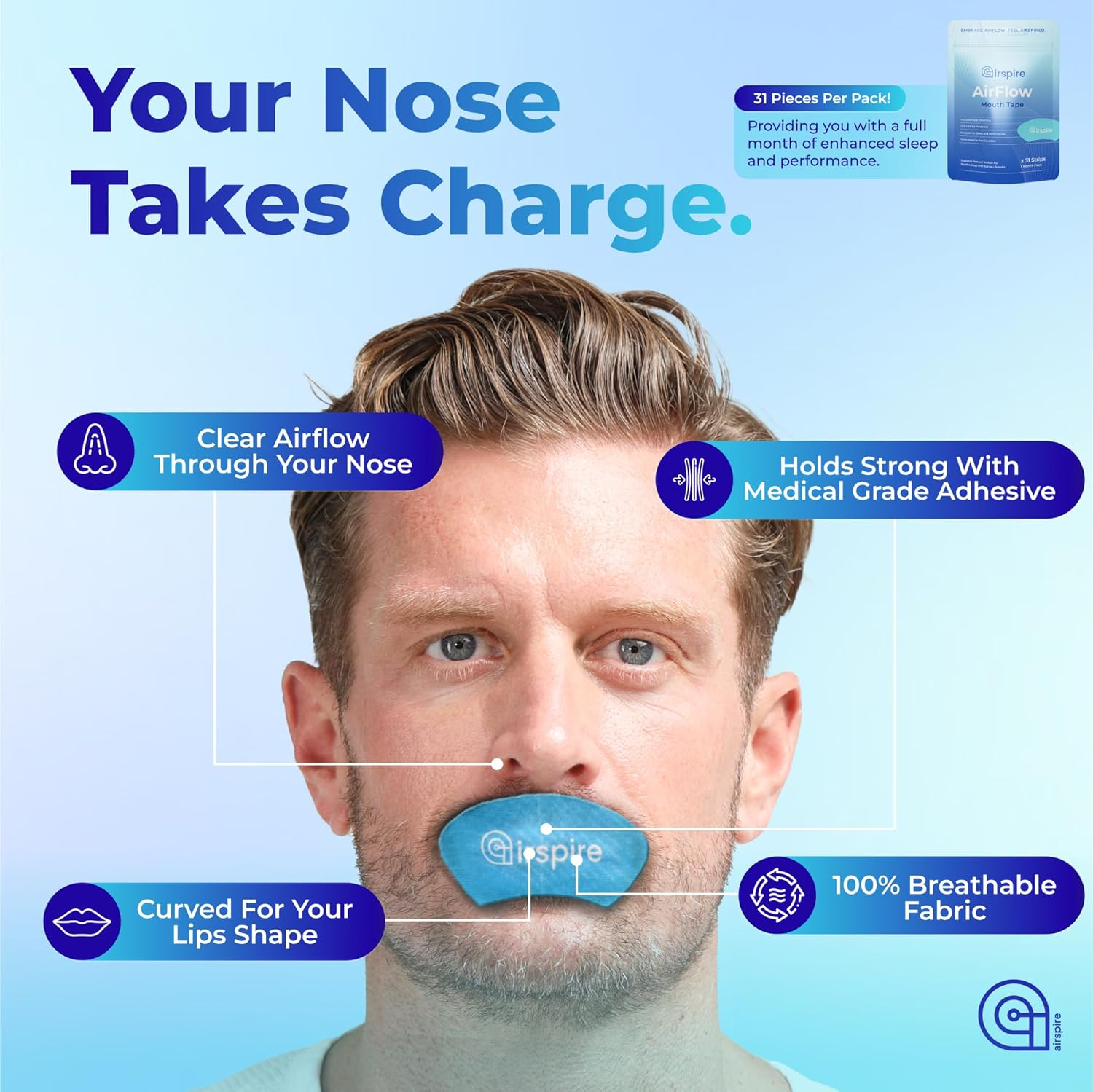 Airspire Airflow Mouth Tape - 31-Pack | Mouthtape for Sleeping & Active Lifestyles | Improve Airflow with Extra-Strength Adhesive & Contoured Design | 100% Hypoallergenic Snoring Relief & Congestion Support | 1-Month Supply Blue | image number 6