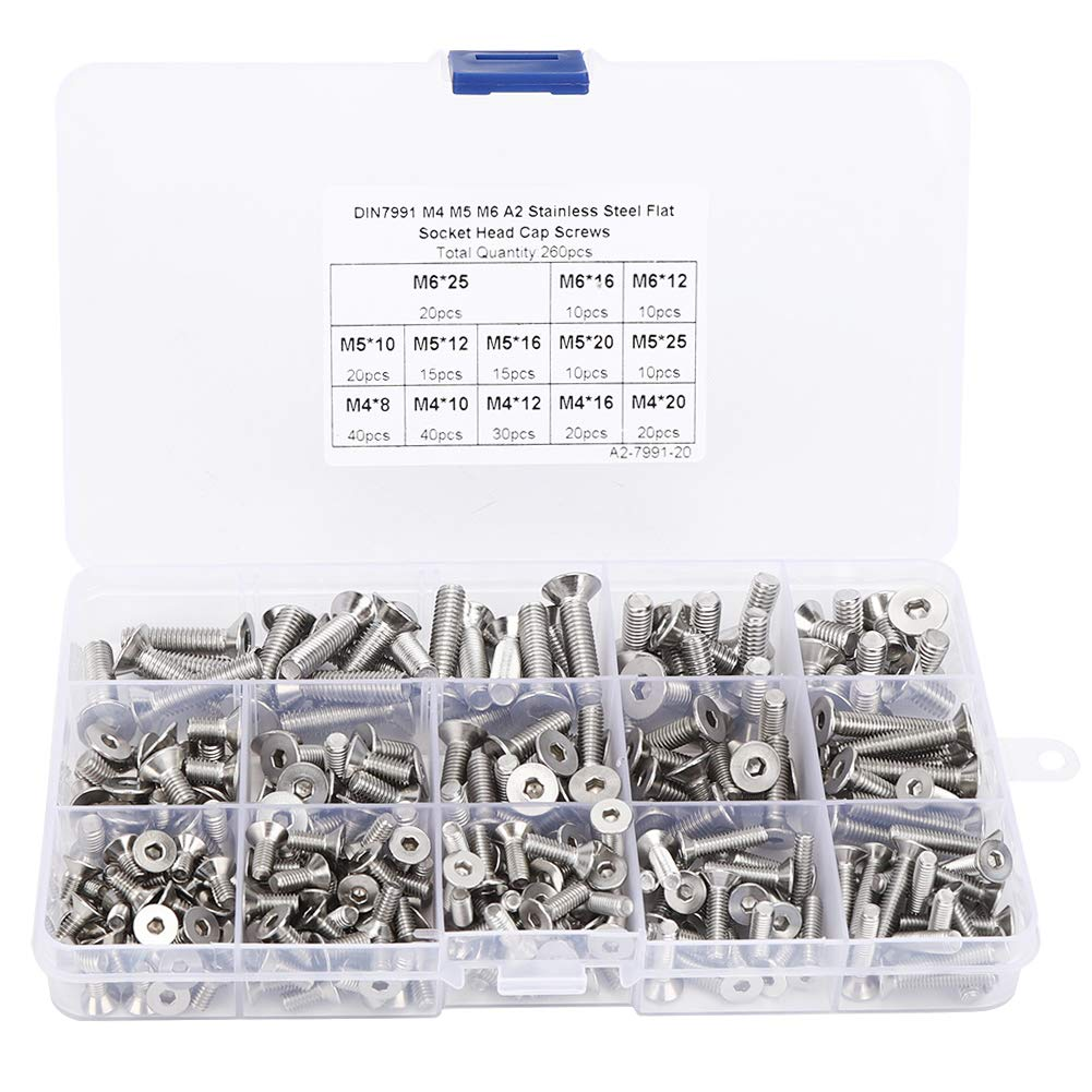 260 Pieces Flat Screw Set M4/M5/M6 Hex Socket Screw, 304 Stainless Steel Hex Socket Countersunk Head Screw for Electronics Industry image number 3