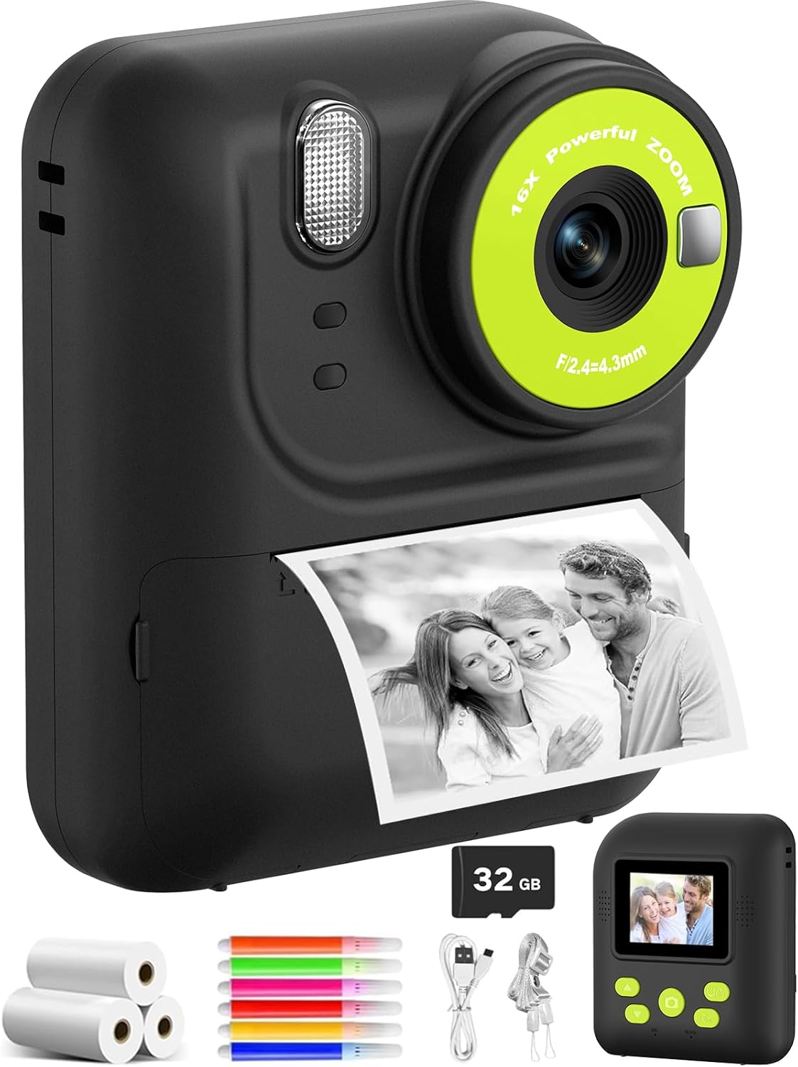 ZONEY Kids Camera Instant Print Photo, Christmas Birthday Gift Toys for 3-12 Years Old, Digital Camera with HD Video, Portable Travel Cameras Present for 4 5 6 7 8 9 Year Old Boys Girls, Black