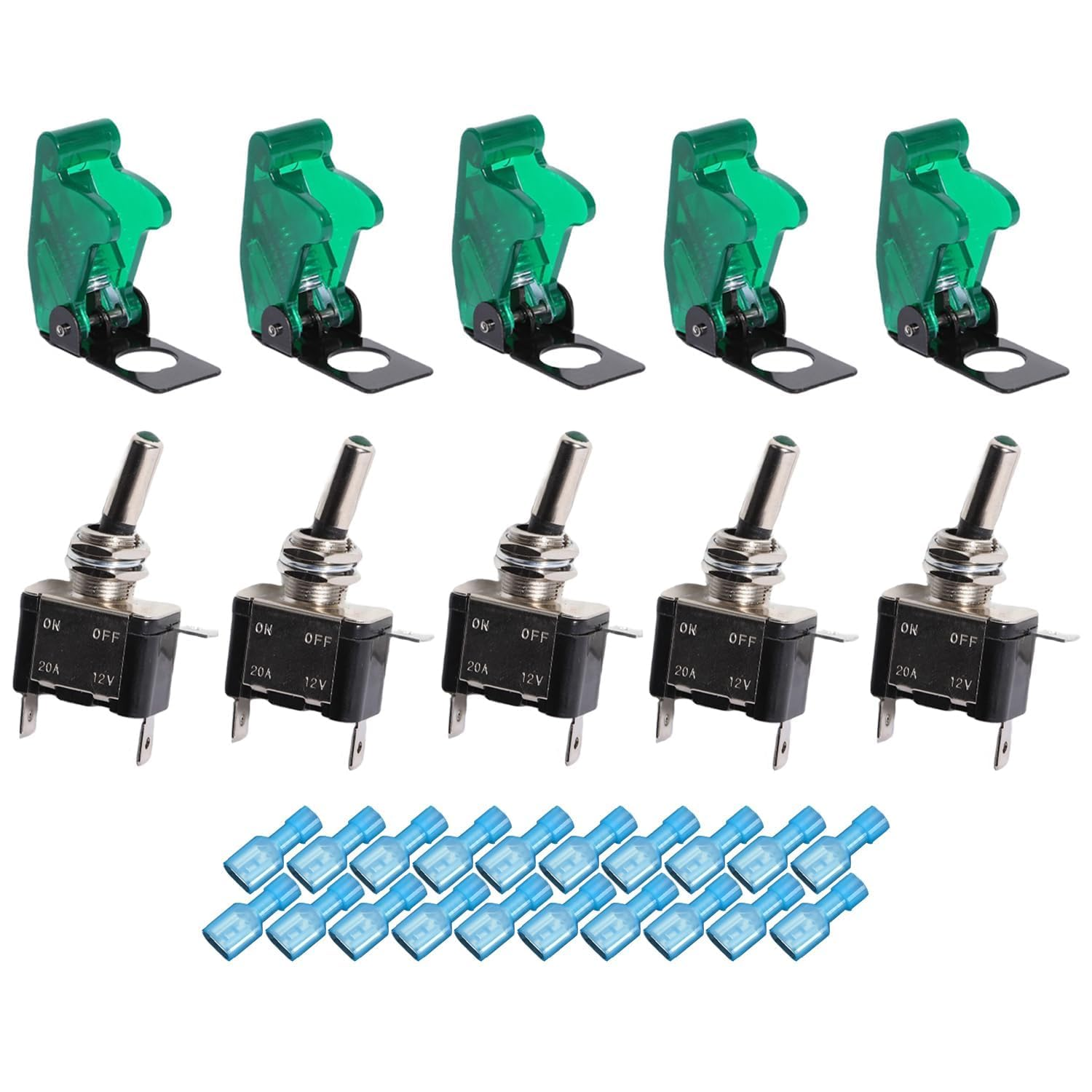 Aikoolwer Toggle Switches 12V 20A 5Pcs Heavy Duty SPST on off Racing Green LED Light Illuminated 3Pin with Waterproof Safety Cover Automative Auto image number 2