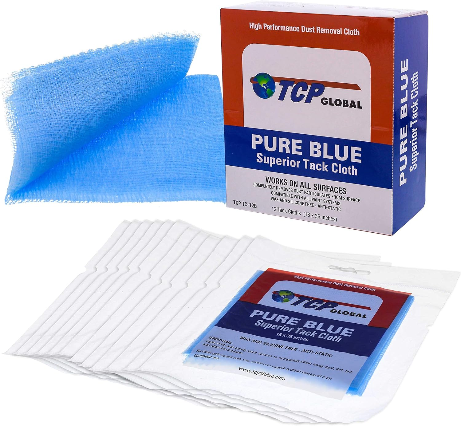 TCP Global Pure Blue Superior Tack Cloth, 12-Pack, Automotive & Woodworking, Dust/Stain/Paint Rags, Tac Cloth for Autobody image number 1