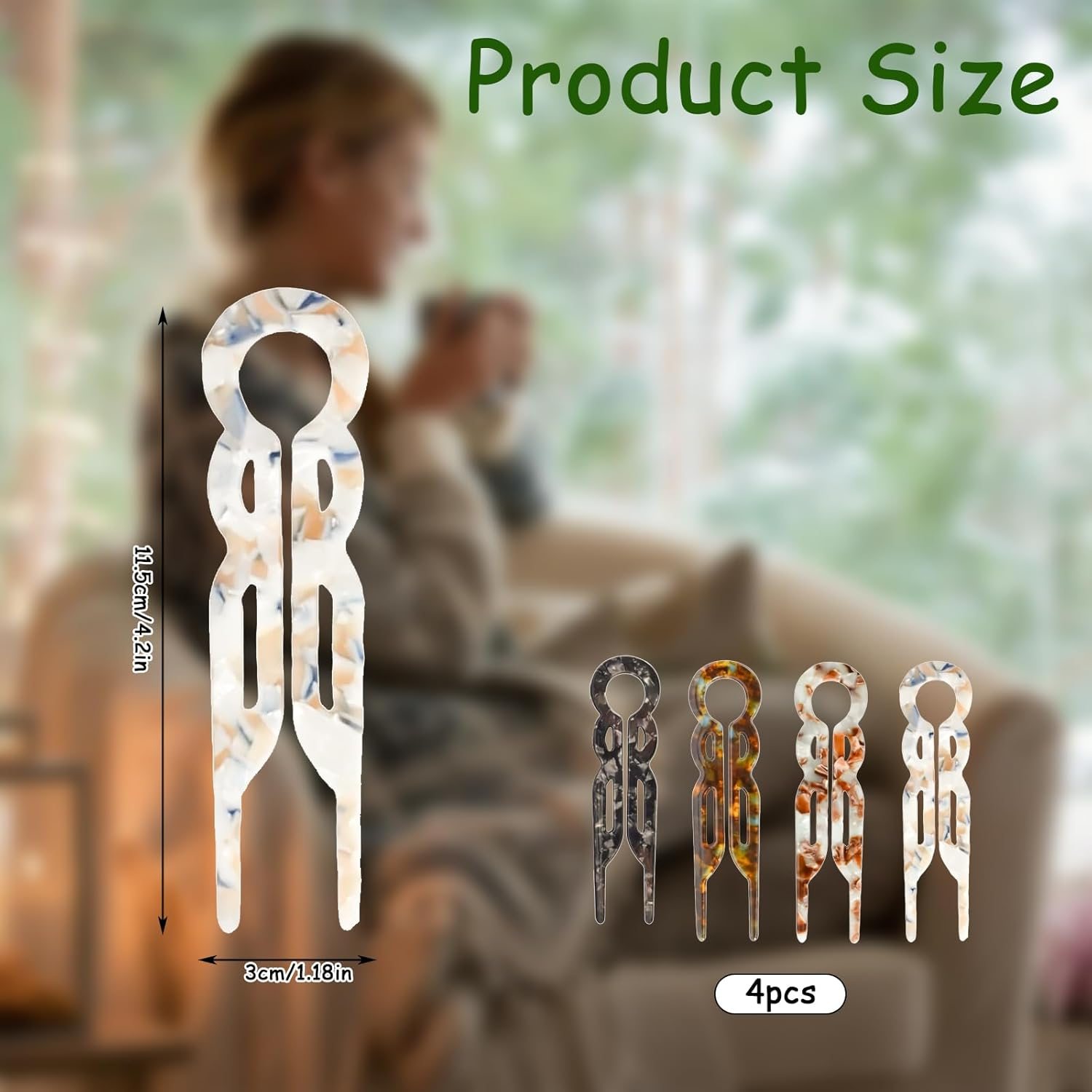 4 PCS French Hair Pins, Long Elegant Hair Clips for Women, Hair Accessories for Women, Spiral Hair Pins for Thin Thick Fine Long Hair, Stylish Hairpins in Marble, Vintage Green, Black Floral, Brown image number 4