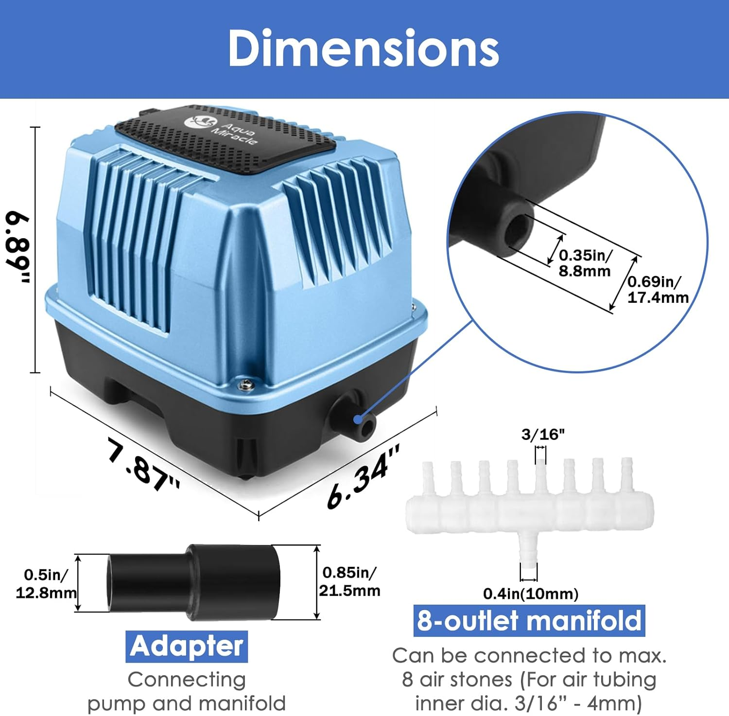 Aquamiracle Super Powerful Linear Air Pump AP-40/AP-60/AP-80 Pond Aerator, Septic Air Pump, Hydroponic Air Pump, Koi Pond Air Pump 635/950/1350GPH, for Waste Treatment, Fish Farm, Seafood Restaurant image number 1