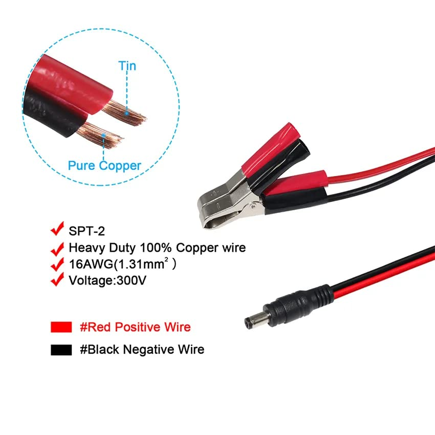 Battery Alligator Clips 2.1 * 5.5 Mm DC Jack Plug 12V-24V Power Extension Cord Battery Crocodile Charging Cable 18AWG(0.6M 2 Pack) image number 4