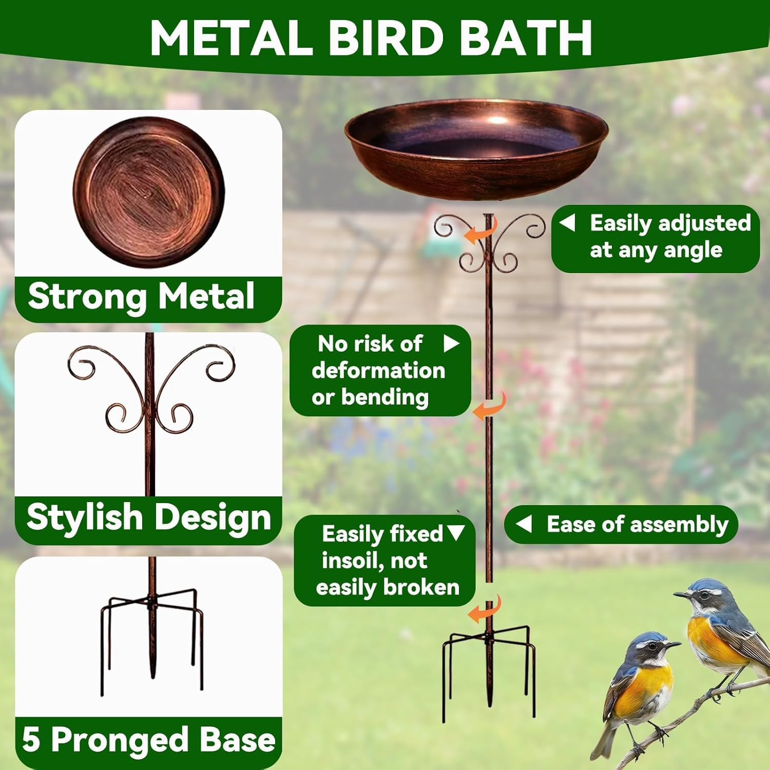 Metal Bird Bath Bowl, Vintage Freestanding Birdbath, outside Heavy Duty Garden Birdfeeder Stake Decoration, Sturdy Garden Birdbath, for Outdoors Patio Yard Lawn Wild Bird Watcher Bird Lovers image number 1
