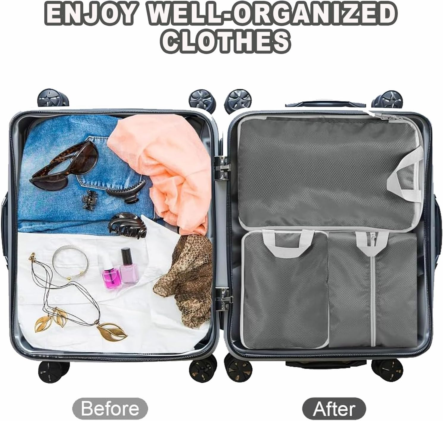 BEANPRECOY 9PCS Compression Packing Cubes for Travel - Waterproof Lightweight Luggage Organizers Set,Various Sizes Space Saver Bags for Carry-On Suitcase,Backpack,Vacation Tour Accessories (Blue/Gray)