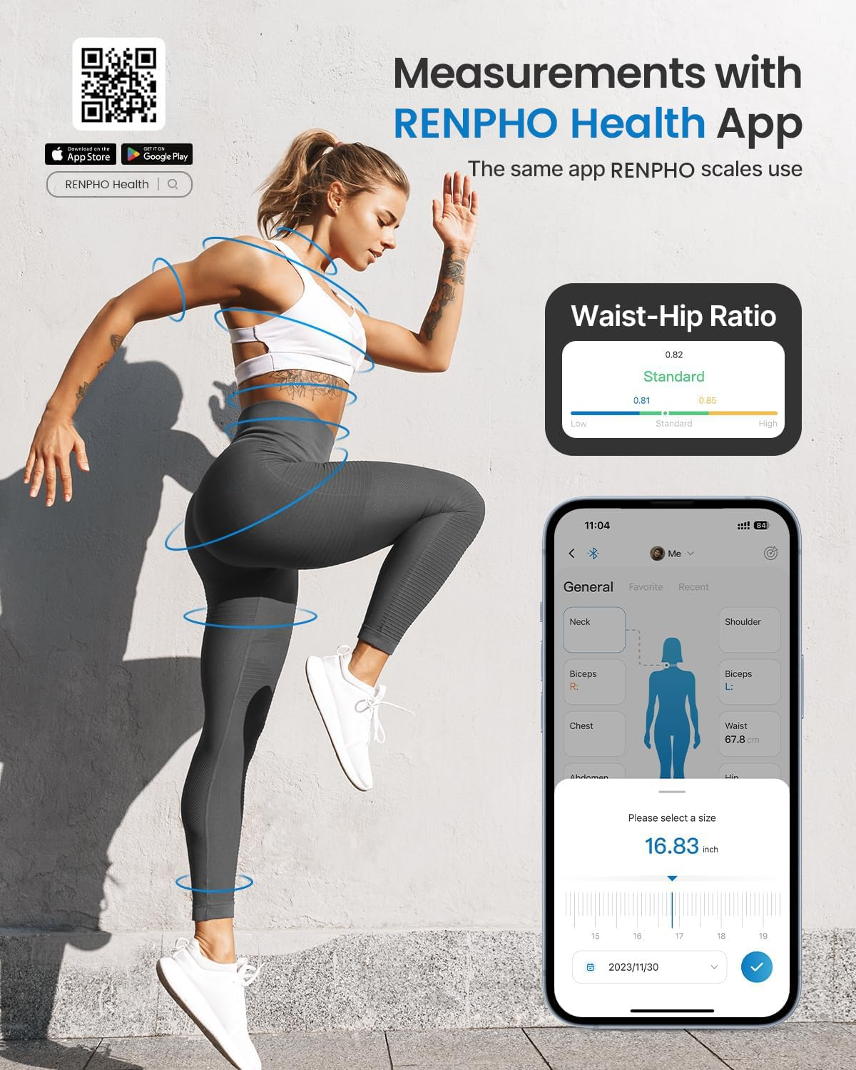 Smart Tape Measure Body with App - RENPHO Bluetooth Measuring Tapes for Body Measuring, Weight Loss, Muscle Gain, Fitness Bodybuilding, Retractable, Measures Body Part Circumferences, Inches & Cm