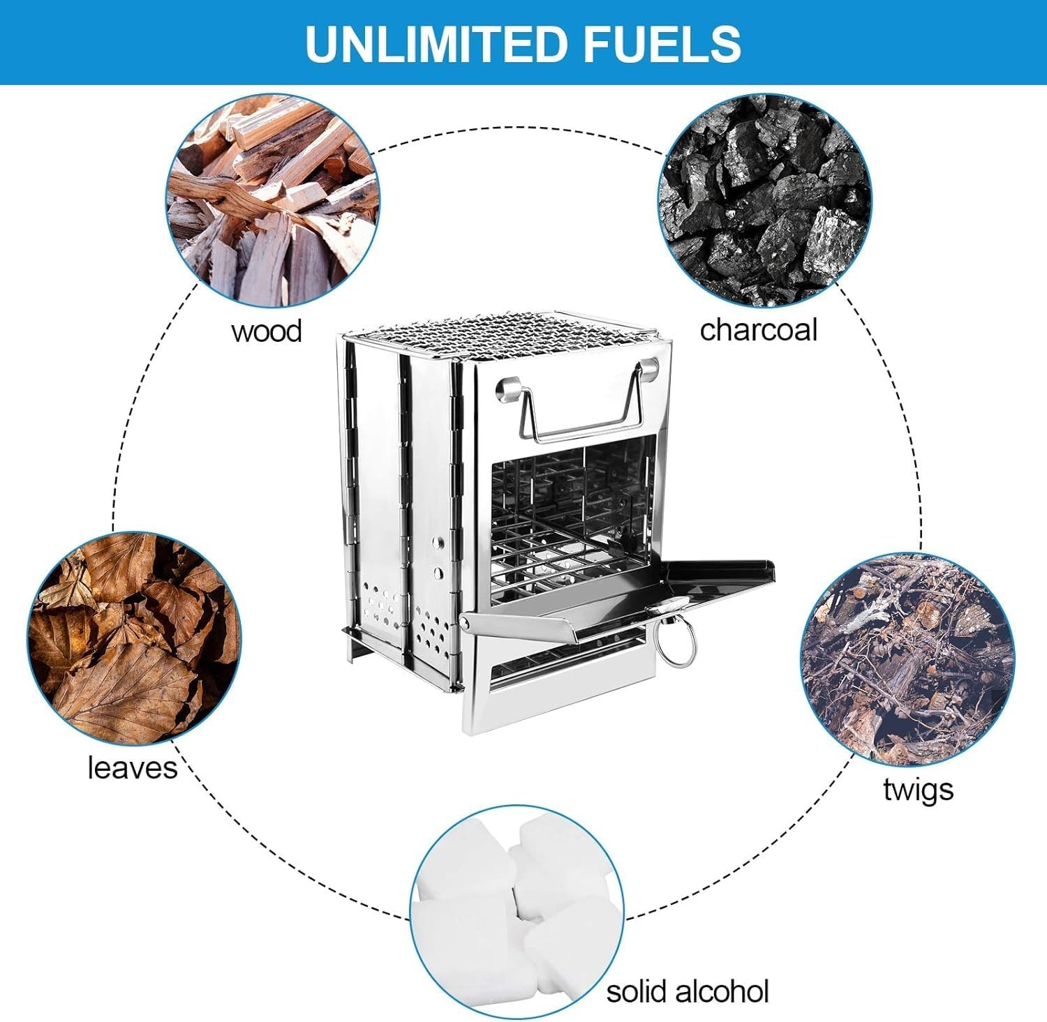 Wood Burning Camp Stove Folding Stainless Steel, Portable Fire Pit Camping Wood Stove with Grill for Hiking Cooking Picnic BBQ (Medium) image number 4