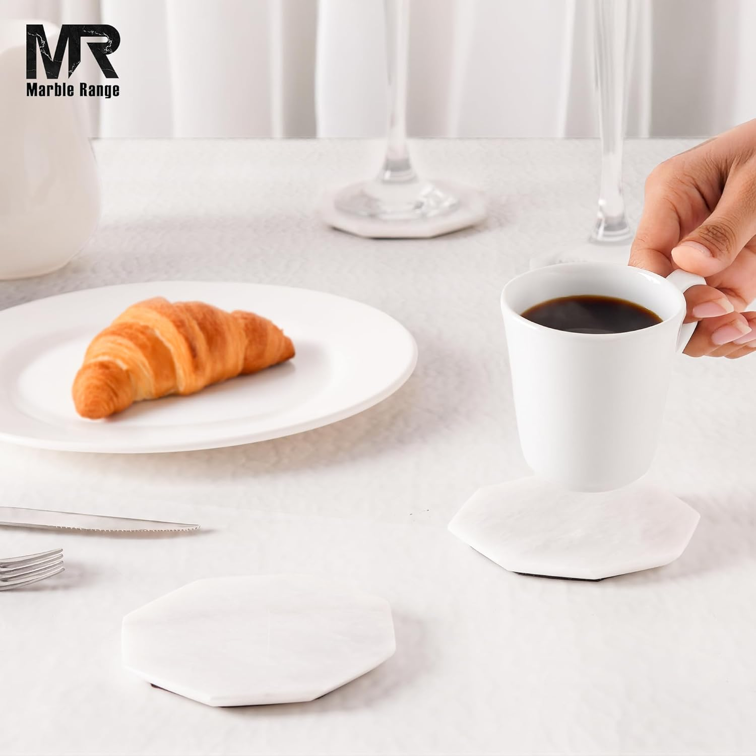 Marble Coasters Set of 6 Handmade 3.5" Inches White Stone Drink Coasters for Coffee Table, Kitchen & Living Room Decor | Elegant Coaster Set for Hot & Cold Drinks - White image number 2