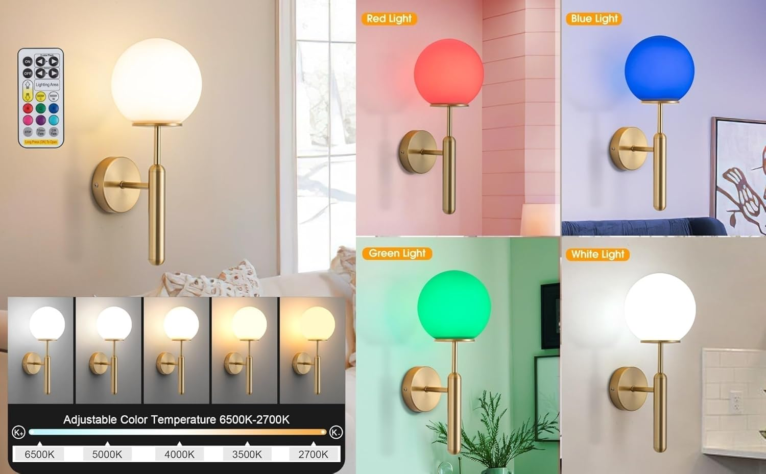 Modern Style Battery Operated Wall Light Fixtures Set of 2,Wireless Classwall Sconces with Remote Control Dimmable.Glass Lampshade，Suitable for Reading, Bedroom, Corridor Lighting(Color:Gold) - Black image number 3