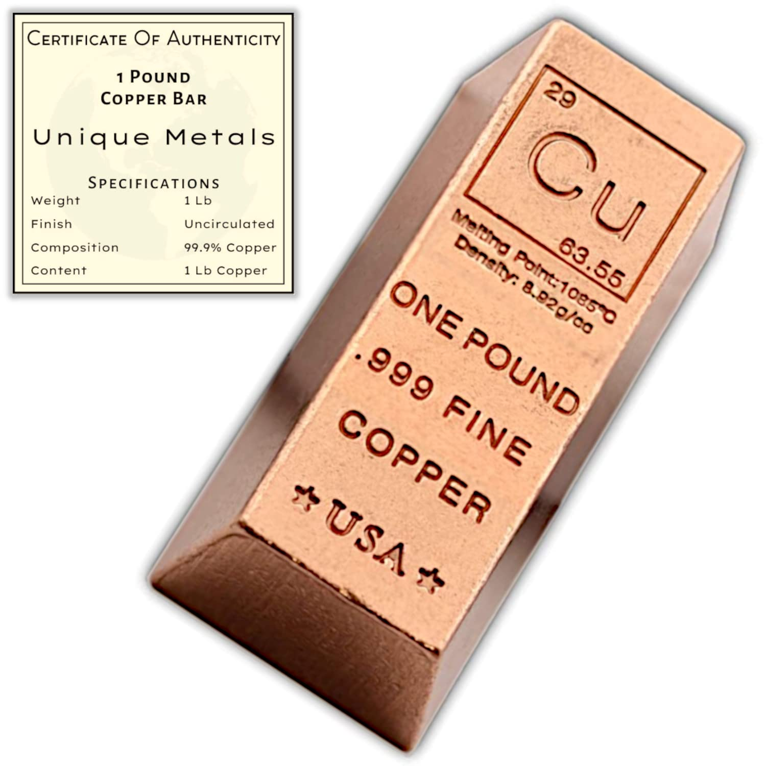 Unique Metals 1 Pound Copper Bar Ingot Paperweight - 999 Pure Chemistry Element Design with Certificate of Authenticity By