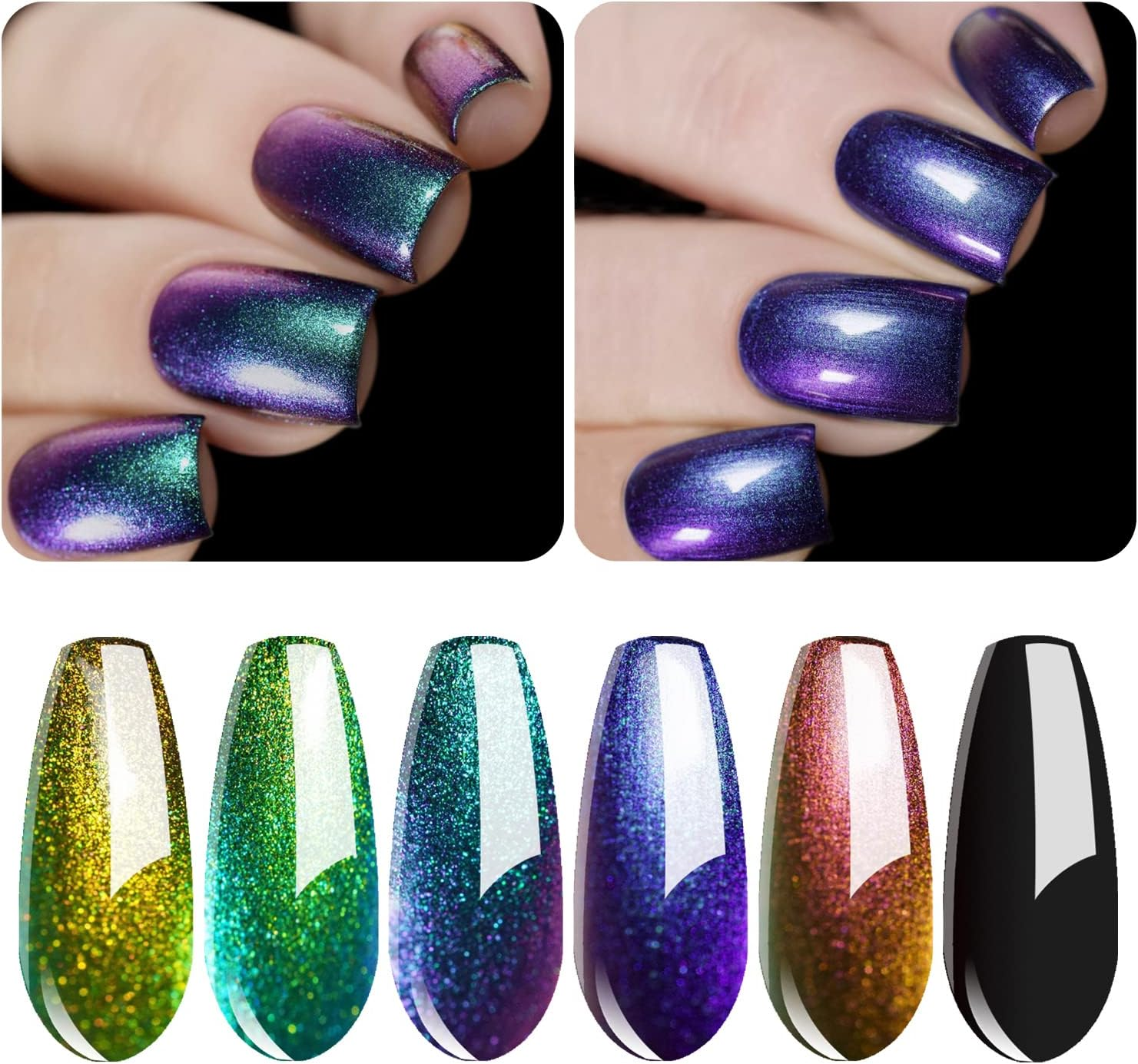 Vishine Chameleon Gel Nail Polish Set Holographic Glitter Polish Sparkle Shimmer Nail Art Polish with Black Base Gel Polish Multicolored Nail Art DIY 8Ml 6Pcs image number 5