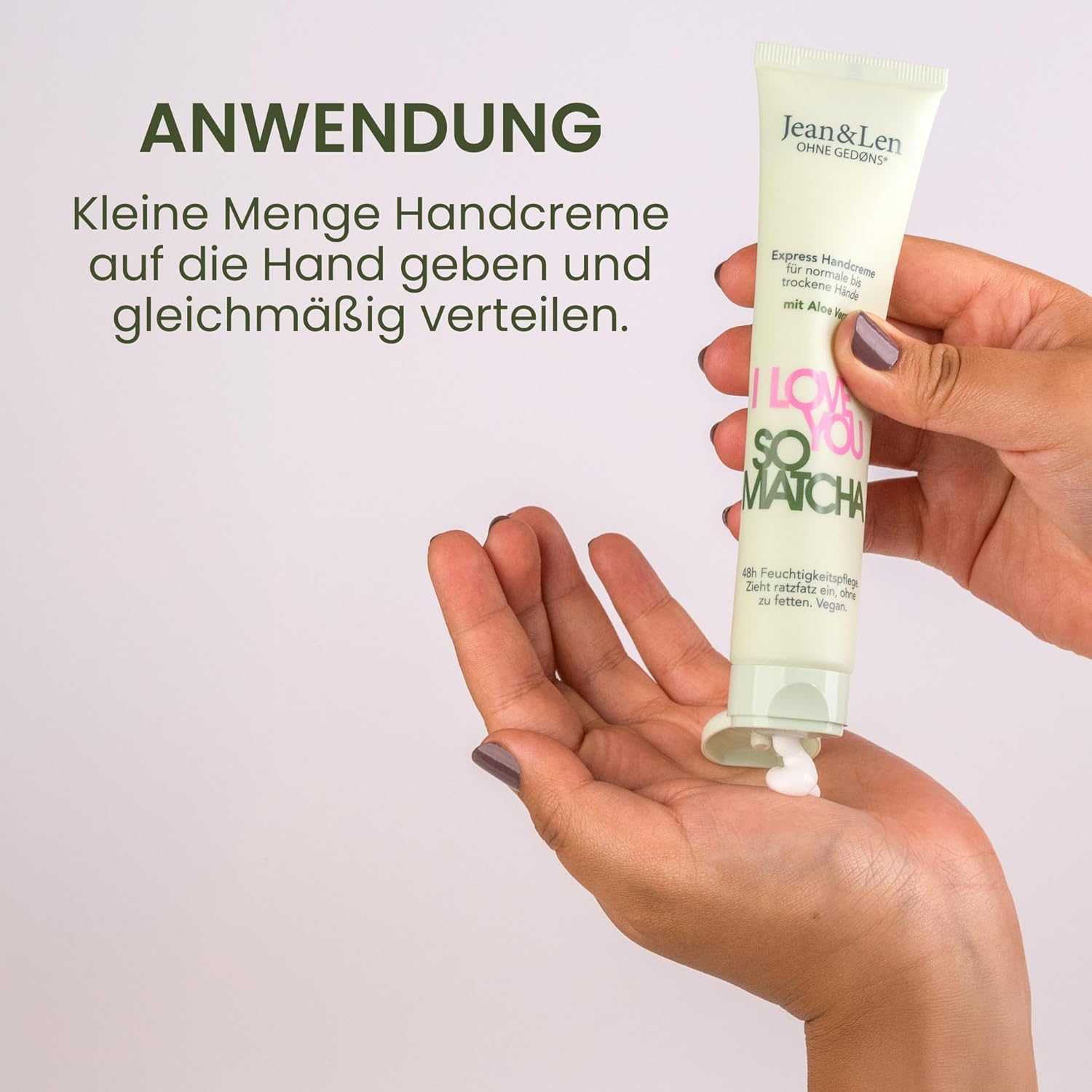 Jean & Len I Love You so Matcha Hand Cream, for Normal to Dry Hands, Moisturises Hands, Absorbs Quickly, Vegan Hand Care, Parabens & Silicones, 75 Ml image number 5