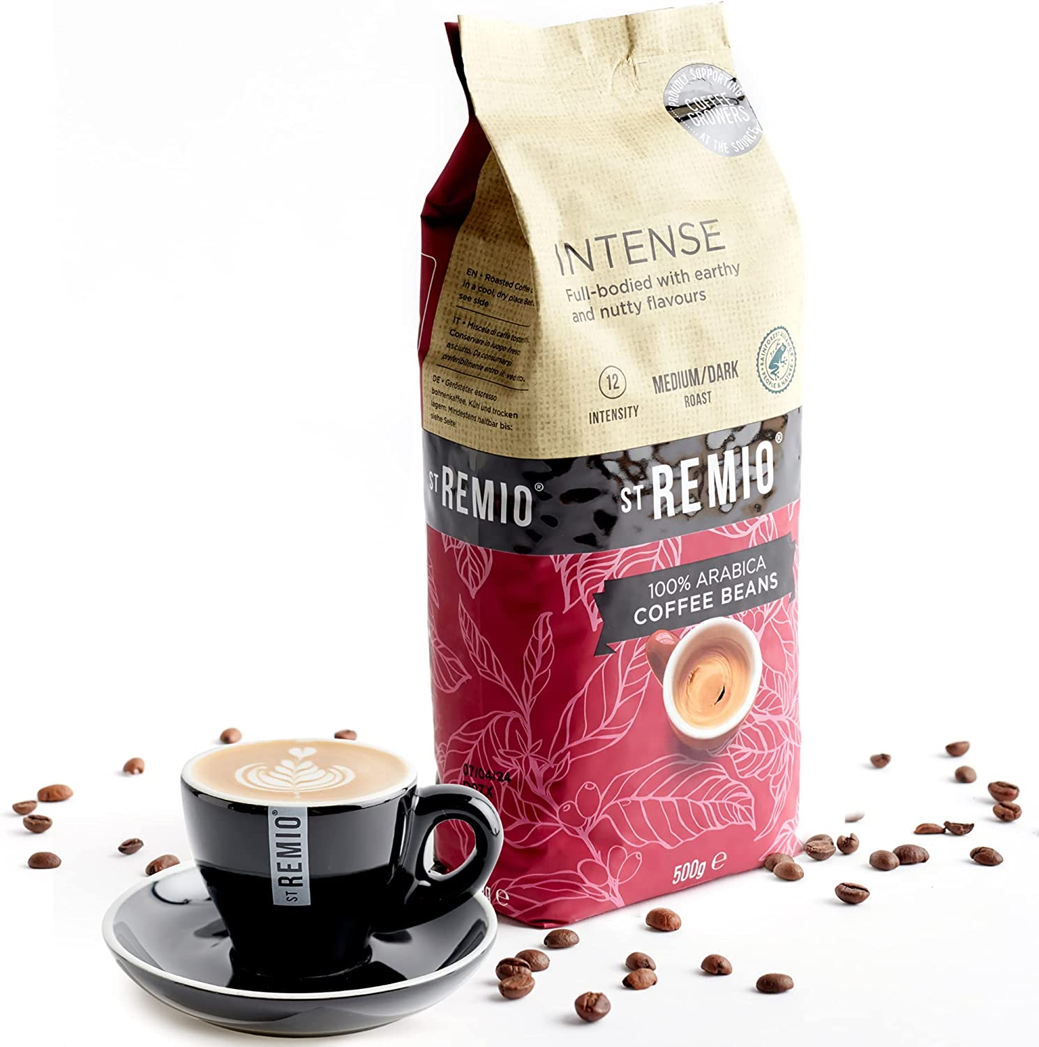St Remio Intense Coffee Beans 500G. Medium Dark Roasted Bean. Arabica Strong Coffee Beans for Long Black, Latte, Cappuccino, Espresso Coffee Machines. Rainforest Alliance Certified Roasted Coffee