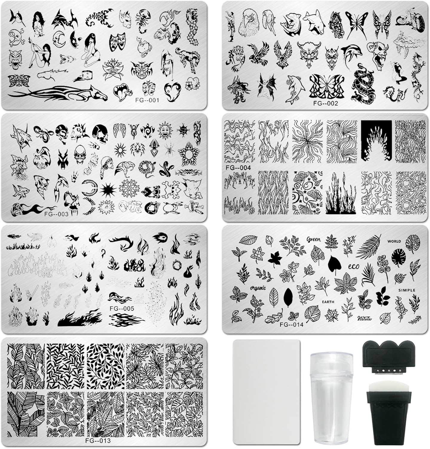 Addfavor Nail Stamper Kit 7Pcs Nail Stamping Plates Flower Geometric Mandala Animal Image Nail Stencils with 2 Stamp and 2 Scraper for Home Salon Manicure Design Supplies Tools