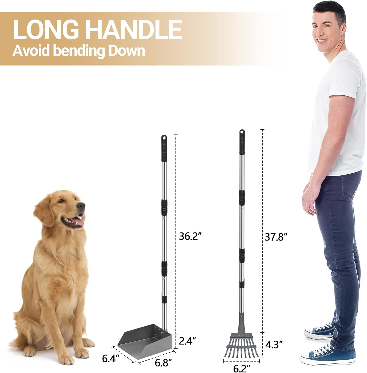 Heeyoo Upgraded Dog Poop Tray and Rake Set, Pet Waste Removal Scoop with 37.8 Inches Long Adjustable Sectional Stainless Handles